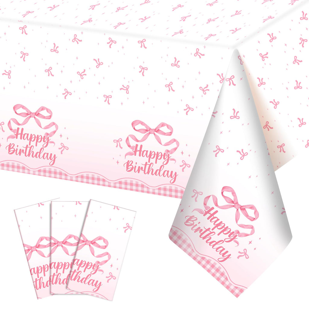 NatNarr 3-Pack Coquette Pink Bow Tablecloth — 54x108 Inch Disposable Waterproof Table Cover for Rectangular Tables