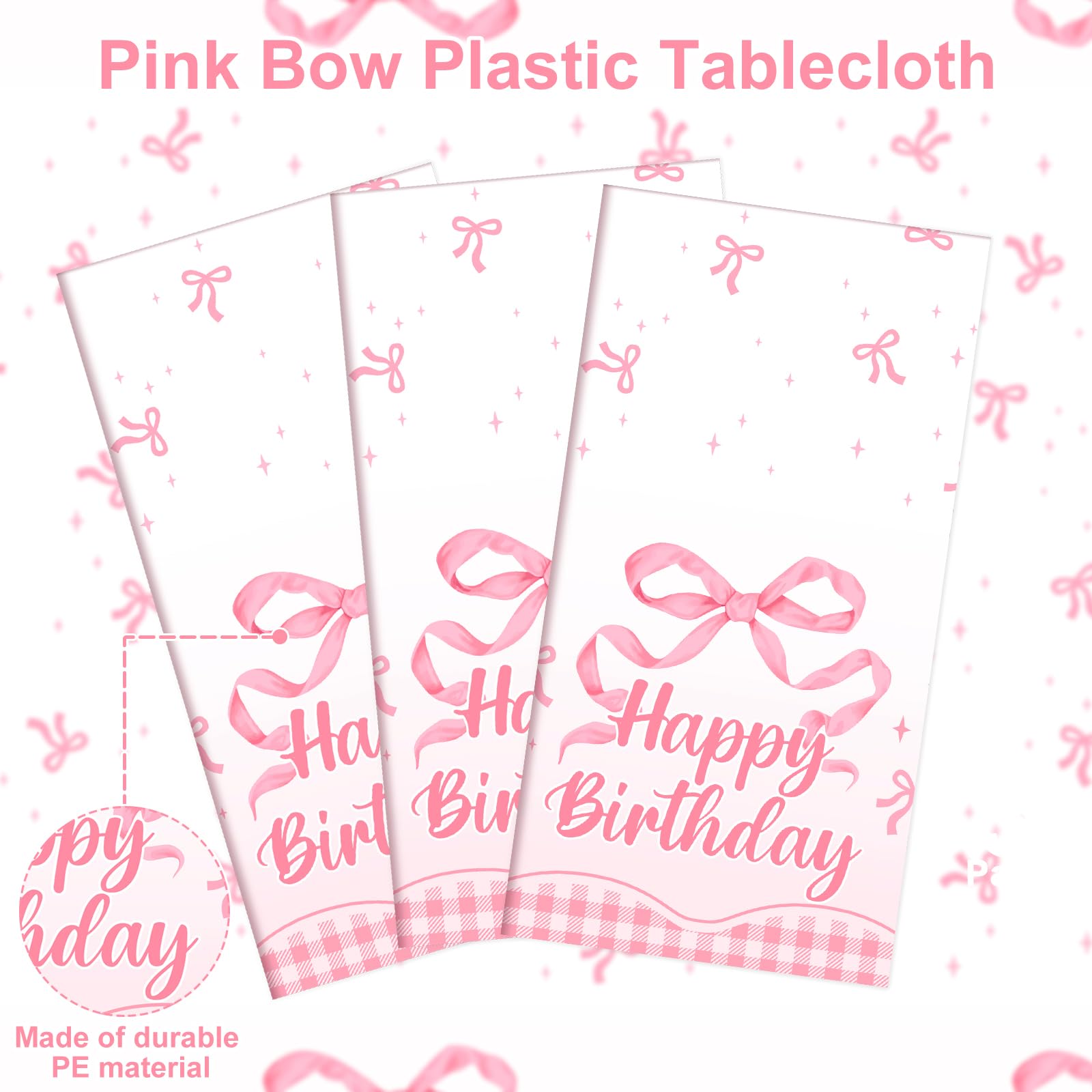 NatNarr 3-Pack Coquette Pink Bow Tablecloth — 54x108 Inch Disposable Waterproof Table Cover for Rectangular Tables