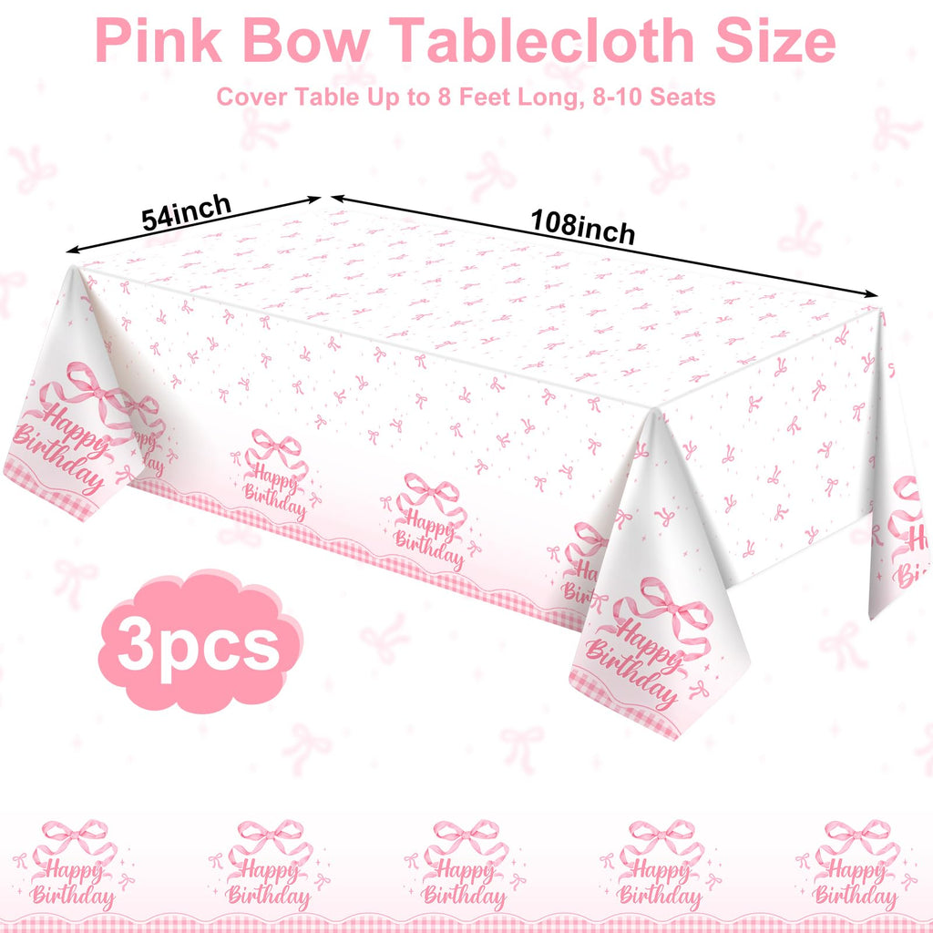 NatNarr 3-Pack Coquette Pink Bow Tablecloth — 54x108 Inch Disposable Waterproof Table Cover for Rectangular Tables