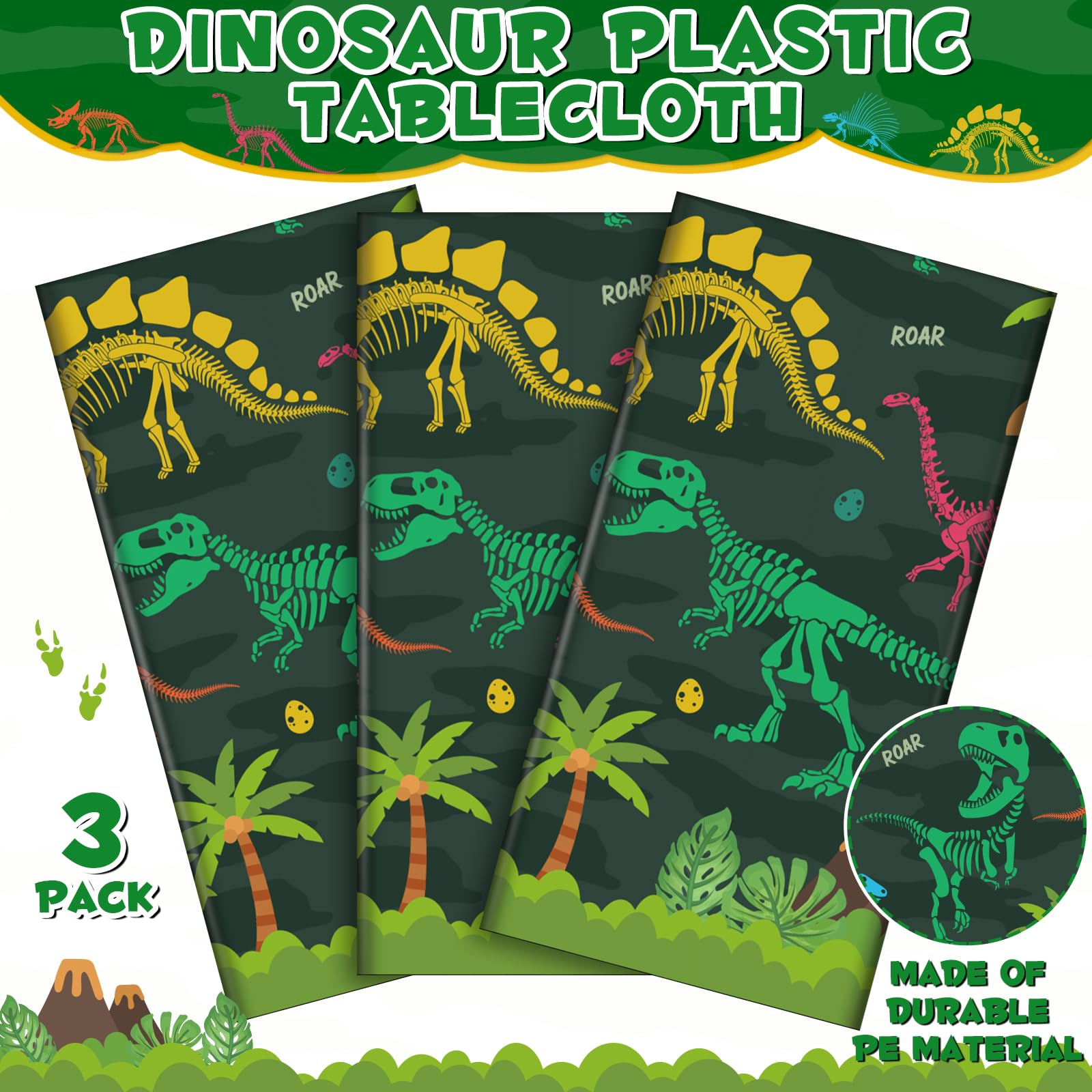 NatNarr 3 Pack Dinosaur Tablecloths – 54x108-Inch Disposable Waterproof Table Cover for Rectangular Tables