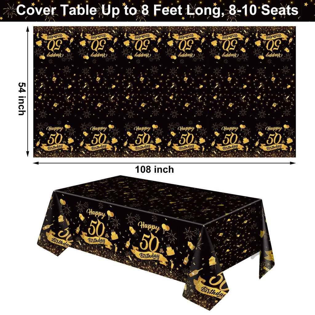 NatNarr 3 Pack 54x108 Inch Black Gold Disposable Tablecloths – Waterproof Rectangle Cover for 50th Birthday Parties