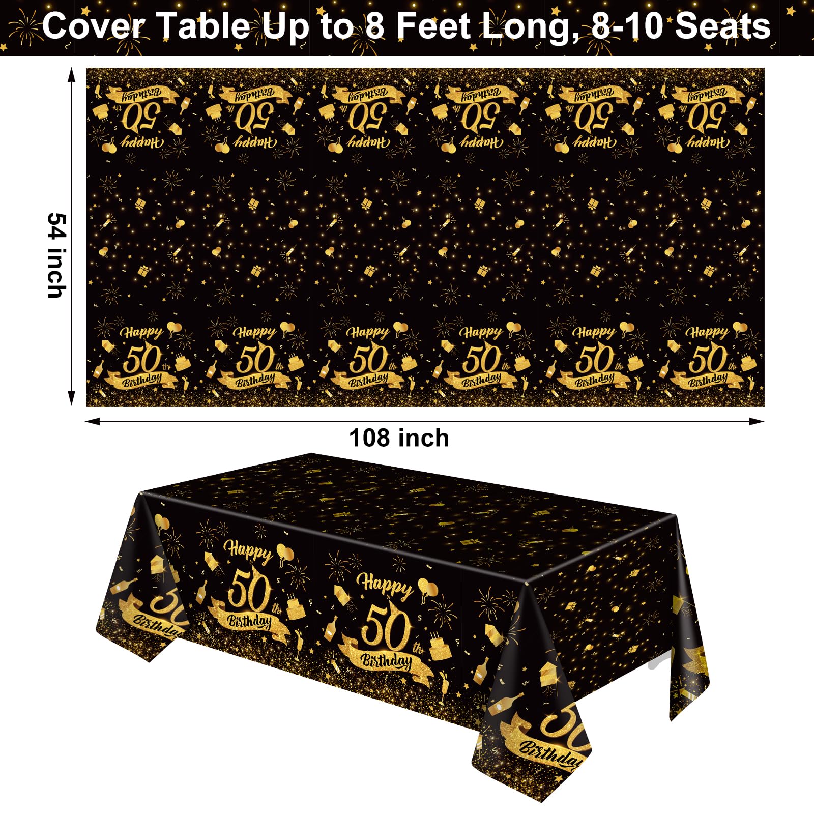 NatNarr 3 Pack 54x108 Inch Black Gold Disposable Tablecloths – Waterproof Rectangle Cover for 50th Birthday Parties