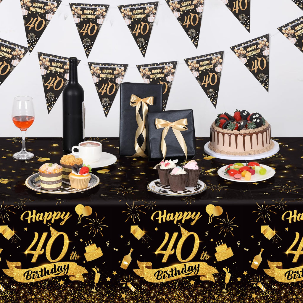 NatNarr 3 Pack 40th Birthday Tablecloth – 54x108 in Black Gold Disposable Rectangular Cover