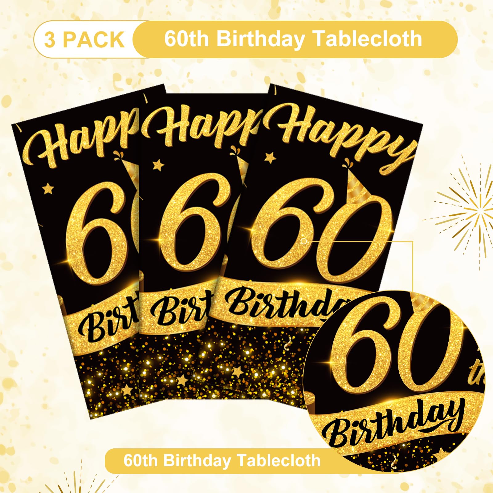 NatNarr 3-Pack 54x108 Black Gold 60th Birthday Tablecloth – Disposable Rectangle