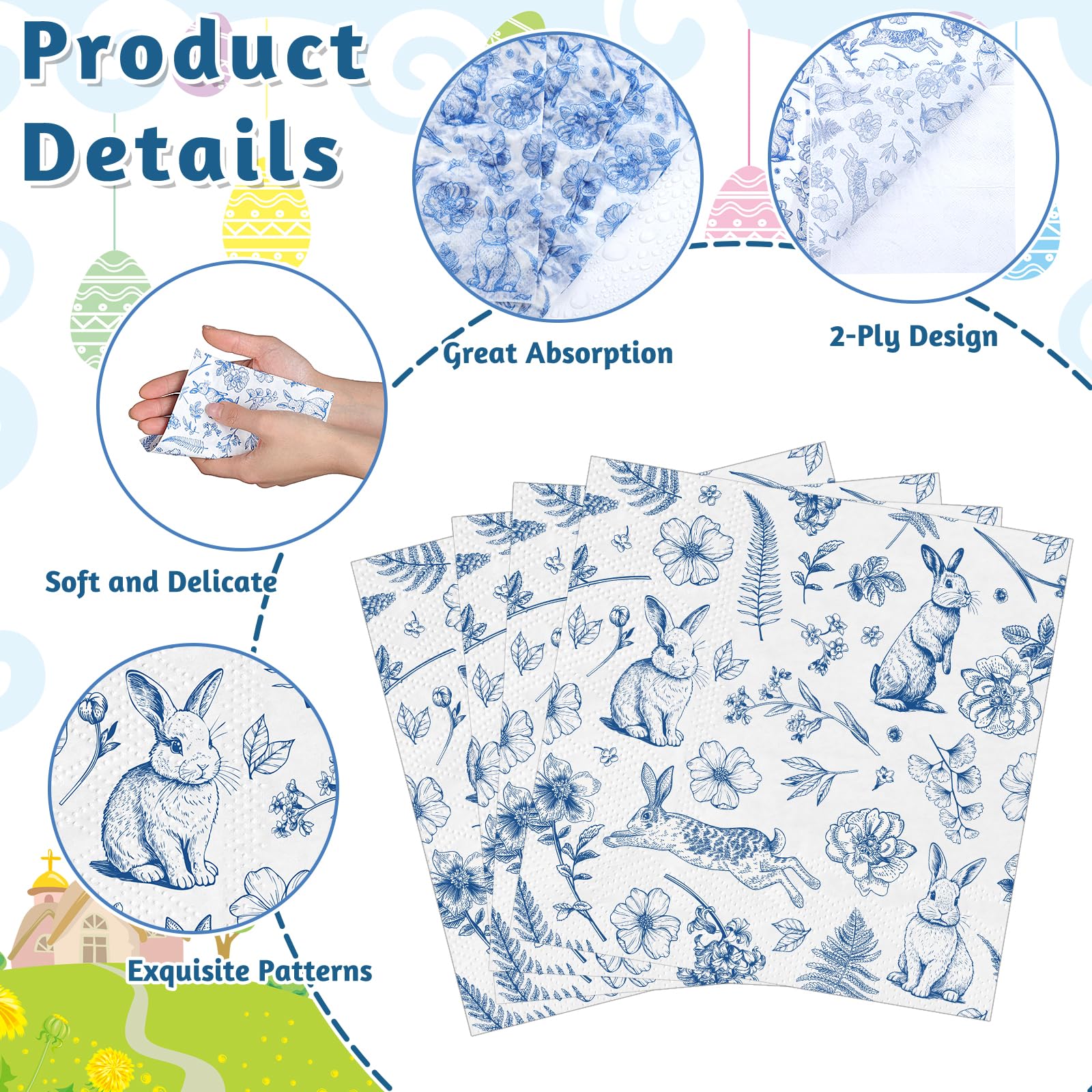 NatNarr 100 Pcs Easter Napkins – Blue Bunny Chinoiserie, Folded 5x5in