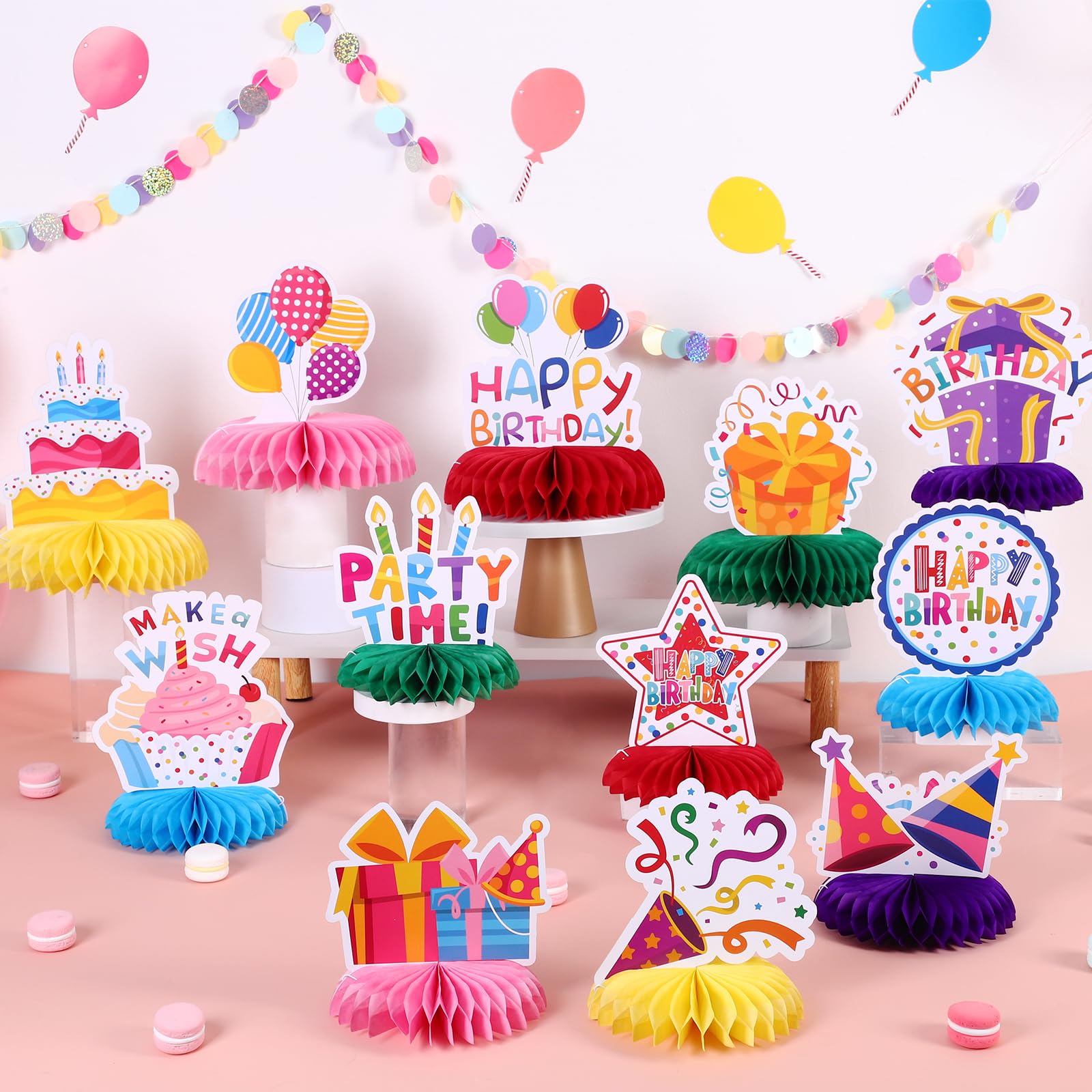 NatNarr 12 Pieces Birthday Table Decorations - Colorful Honeycomb Centerpieces & Table Toppers for Kids Parties