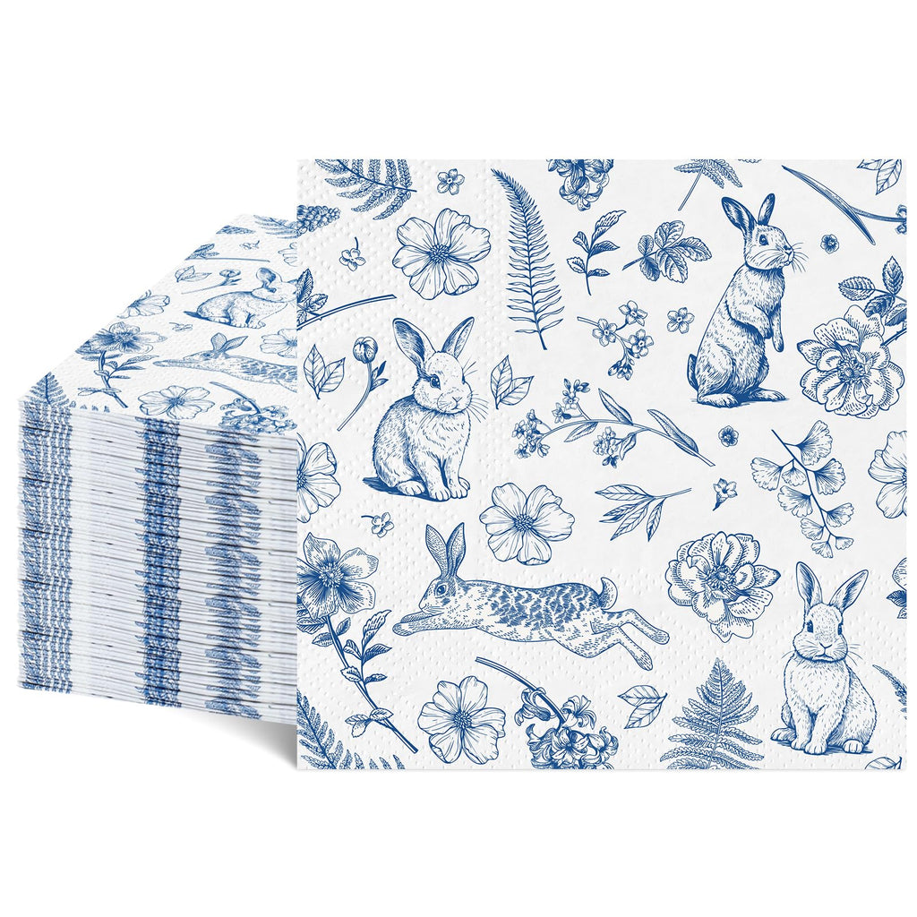 NatNarr 100 Pcs Easter Napkins – Blue Bunny Chinoiserie, Folded 5x5in