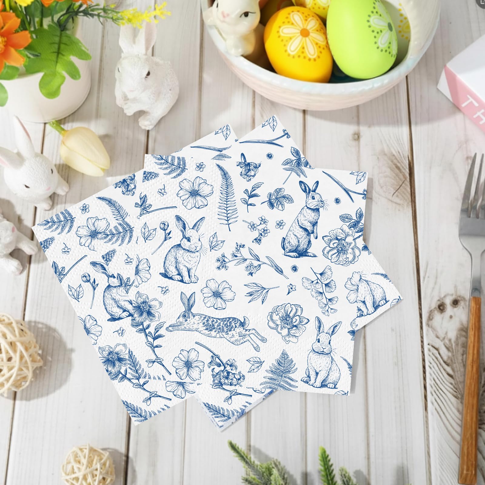 NatNarr 100 Pcs Easter Napkins – Blue Bunny Chinoiserie, Folded 5x5in