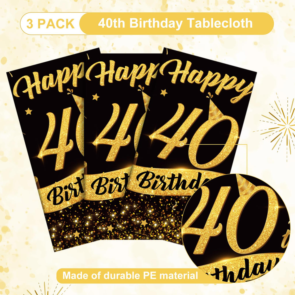 NatNarr 3 Pack 40th Birthday Tablecloth – 54x108 in Black Gold Disposable Rectangular Cover