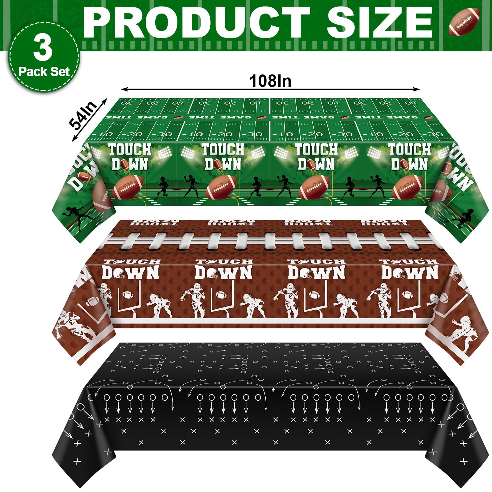 NatNarr 3 Pack Football Tablecloths – 54 x 108 in Disposable Touchdown Table Covers