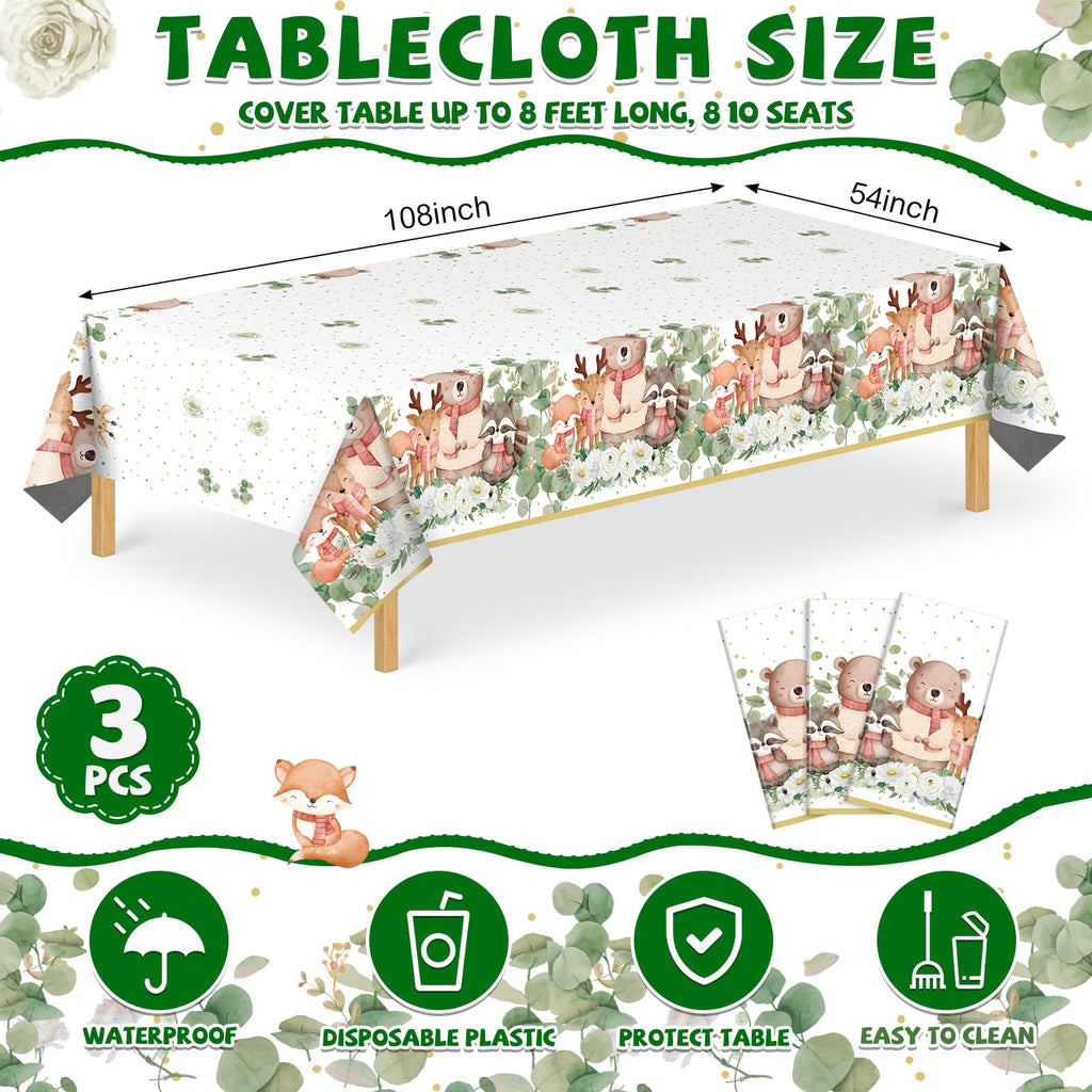 NatNarr 3 Pack Woodland Tablecloths – 54 x 108 in Disposable Forest Table Cover with Eucalyptus Leaves