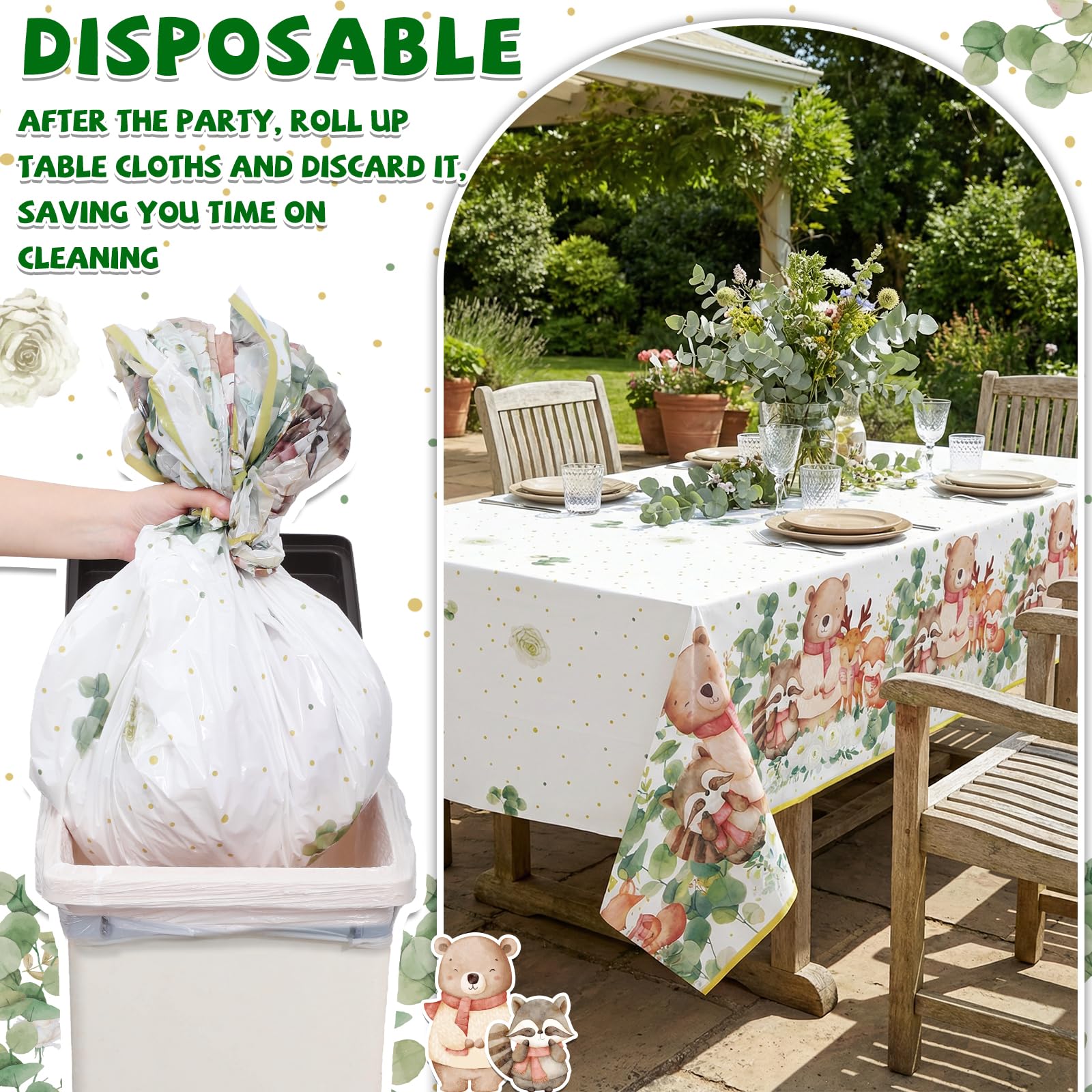 NatNarr 3 Pack Woodland Tablecloths – 54 x 108 in Disposable Forest Table Cover with Eucalyptus Leaves