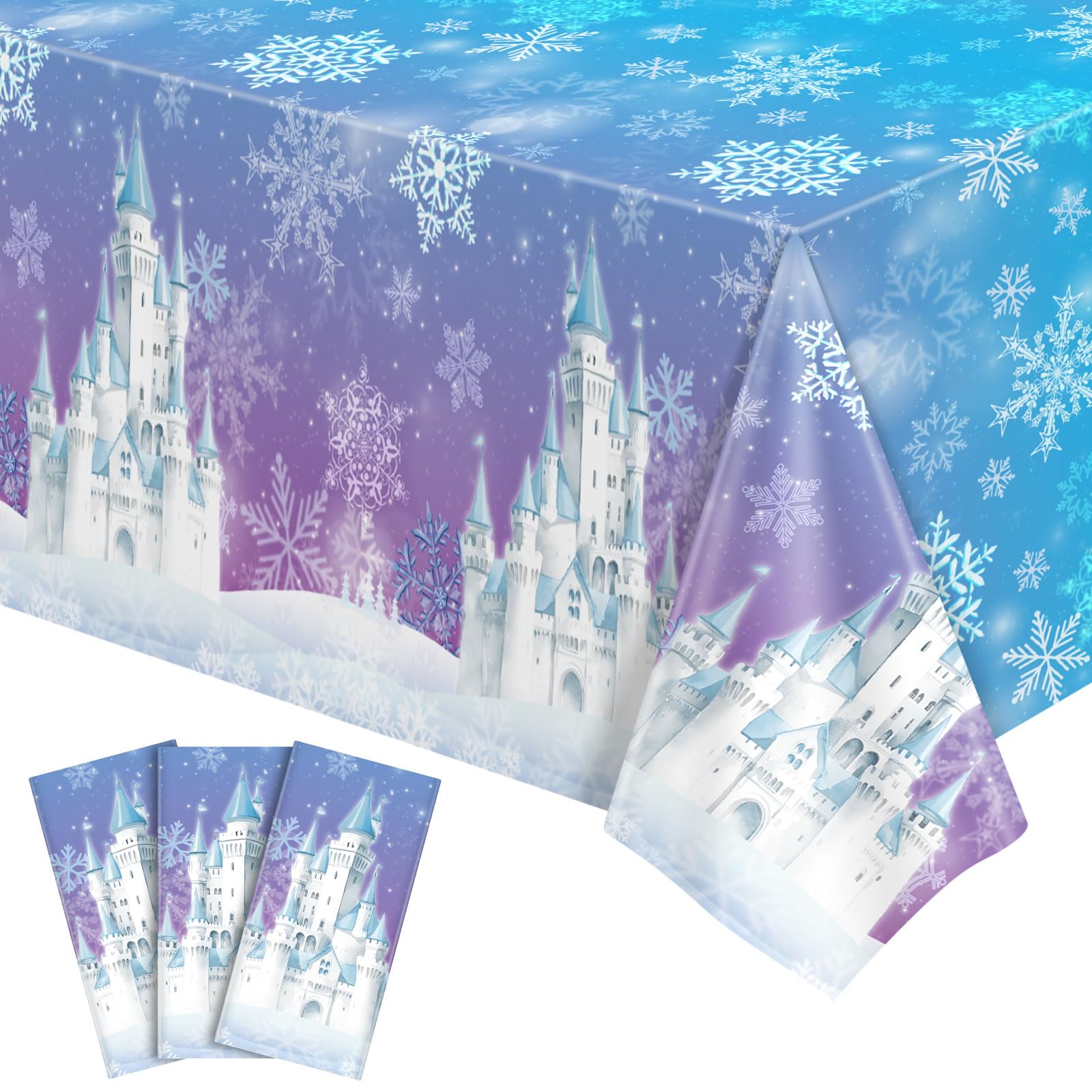 NatNarr 3 Pack Frozen Tablecloth – 54 x 108 in Snowflake Table Cover (Blue & Purple)