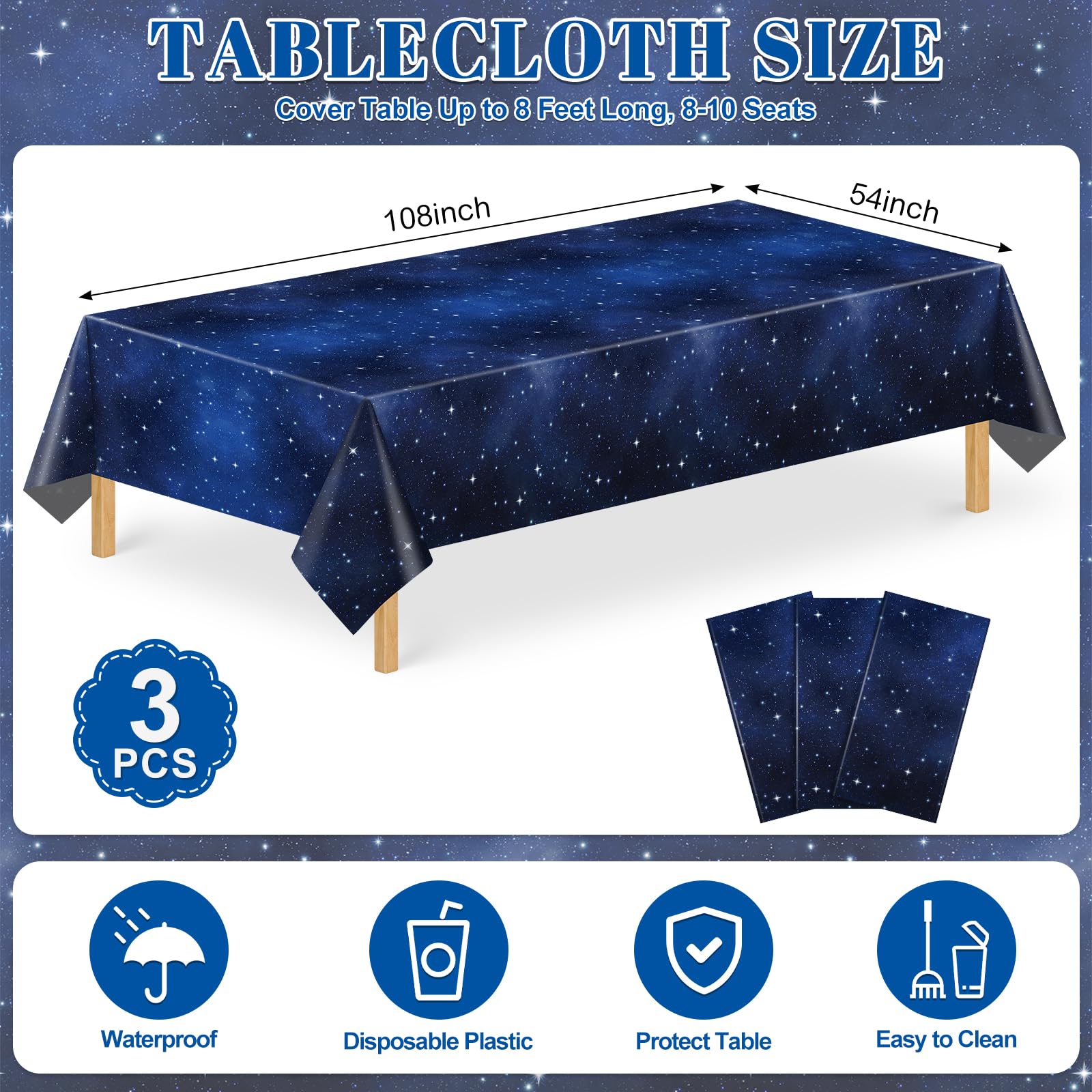 NatNarr Galaxy Tablecloth 3 Pack - 54x108 in Waterproof Disposable Party Cover