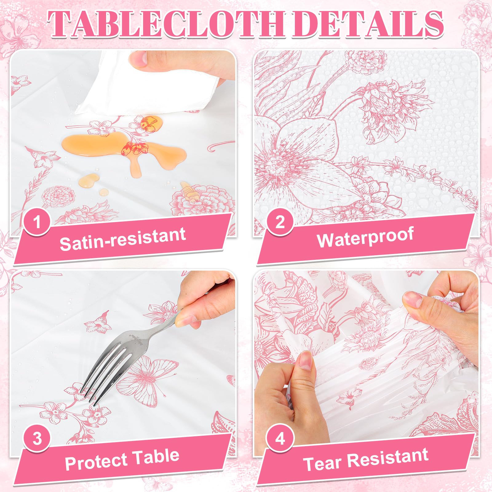 NatNarr 3 Pack Pink Floral Tablecloths – 54x108 in Disposable Vintage Table Cover