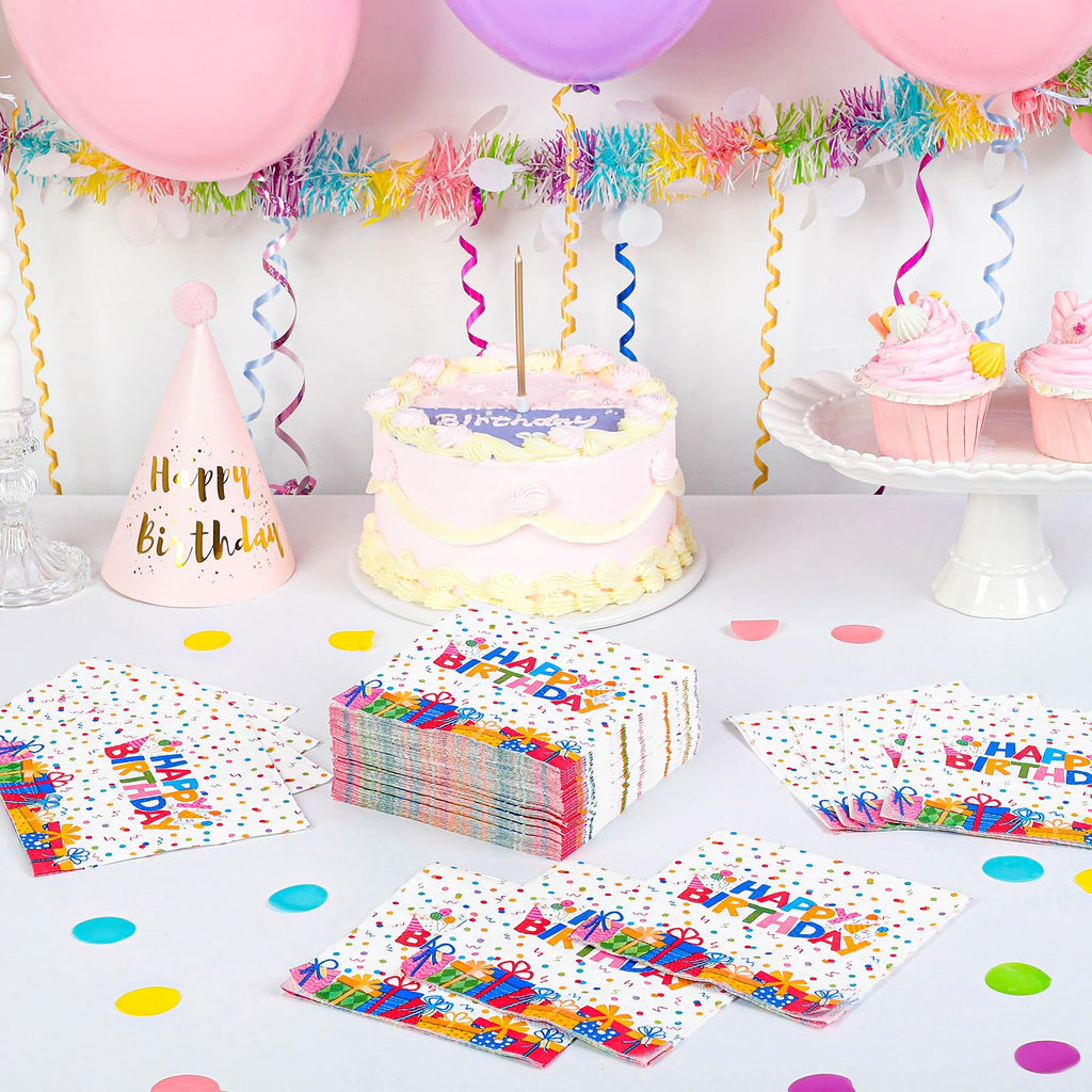 NatNarr 100 Pcs Happy Birthday Napkins – Rainbow Dots & Gift Box Pattern (Folded 5x5 in)