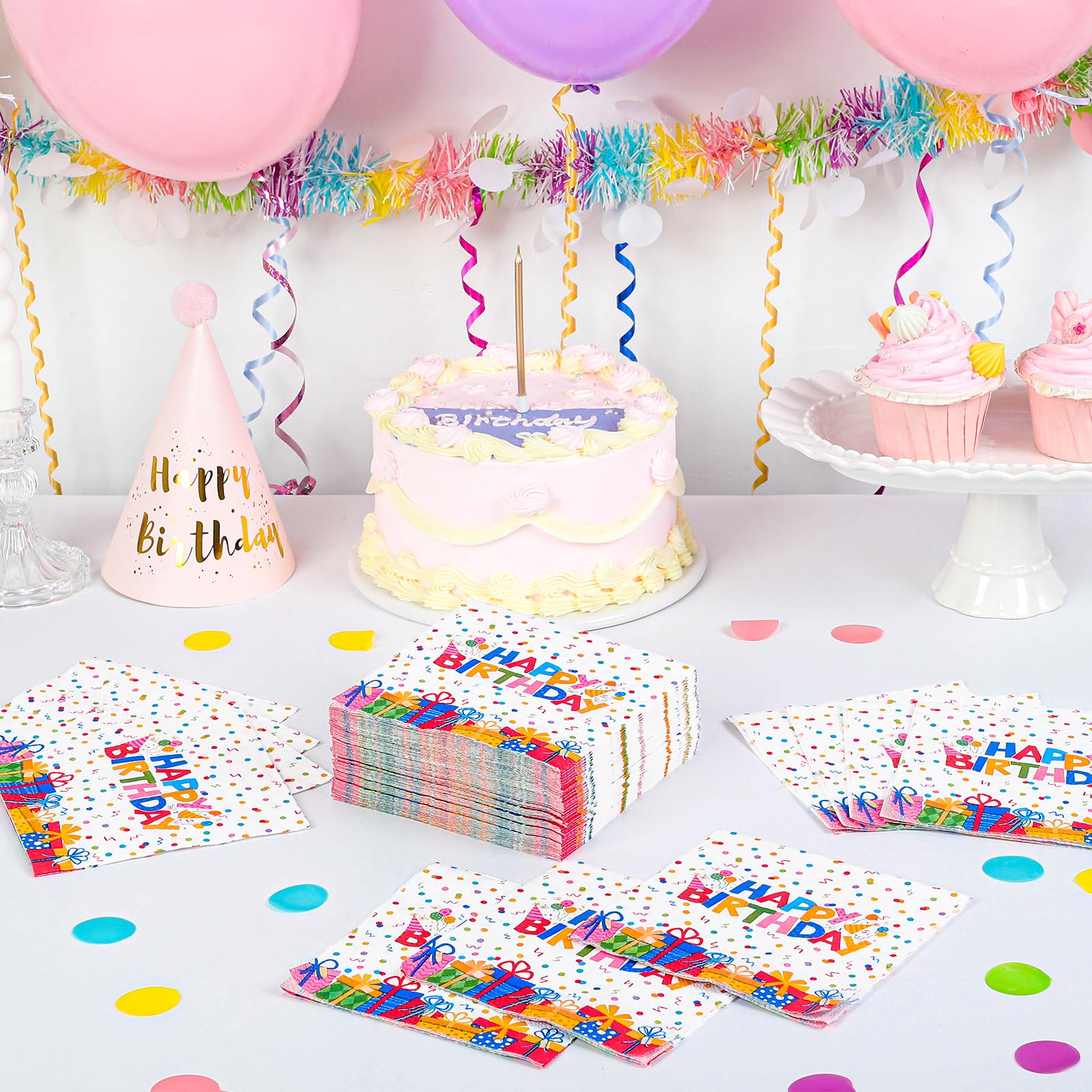 NatNarr 100 Pcs Happy Birthday Napkins – Rainbow Dots & Gift Box Pattern (Folded 5x5 in)