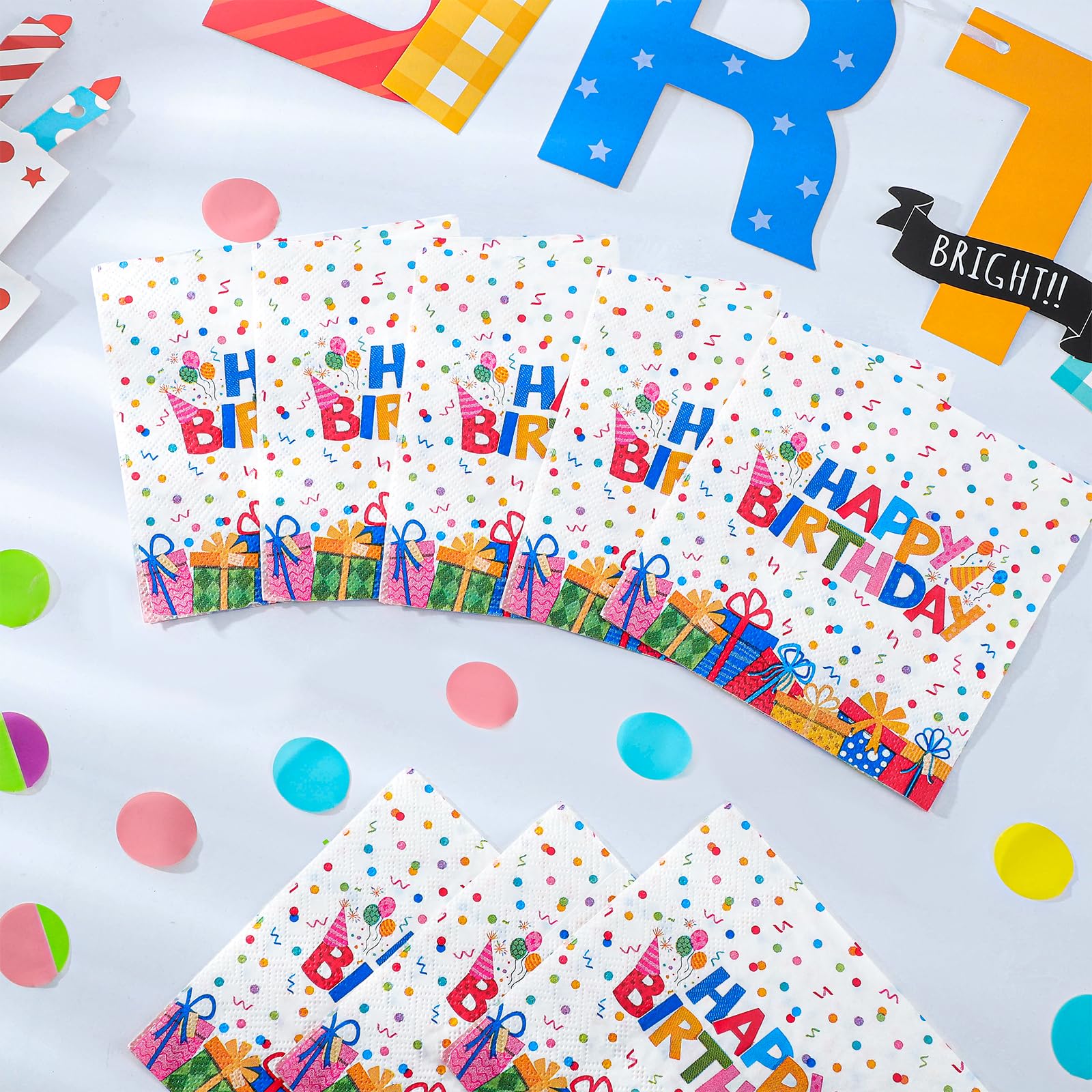 NatNarr 100 Pcs Happy Birthday Napkins – Rainbow Dots & Gift Box Pattern (Folded 5x5 in)