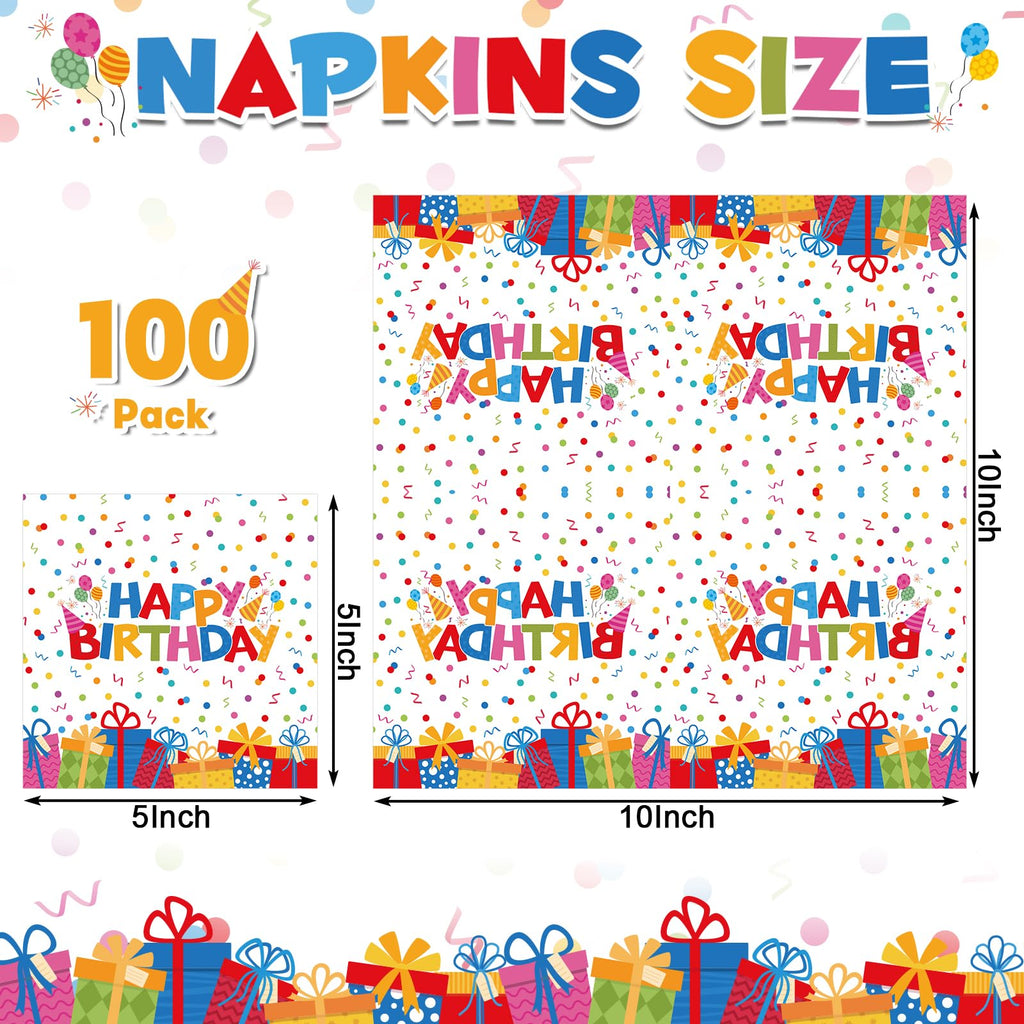 NatNarr 100 Pcs Happy Birthday Napkins – Rainbow Dots & Gift Box Pattern (Folded 5x5 in)