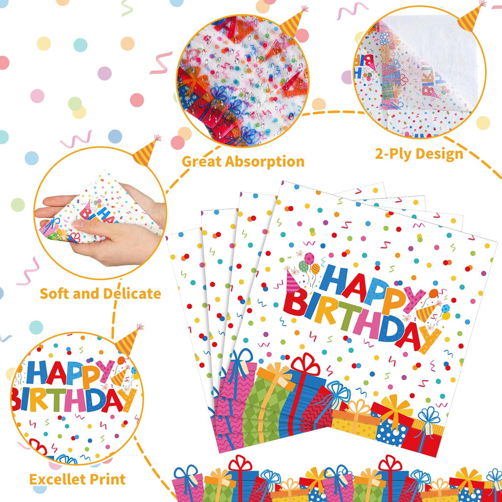 NatNarr 100 Pcs Happy Birthday Napkins – Rainbow Dots & Gift Box Pattern (Folded 5x5 in)