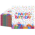 NatNarr 100 Pcs Happy Birthday Napkins – Rainbow Dots & Gift Box Pattern (Folded 5x5 in)