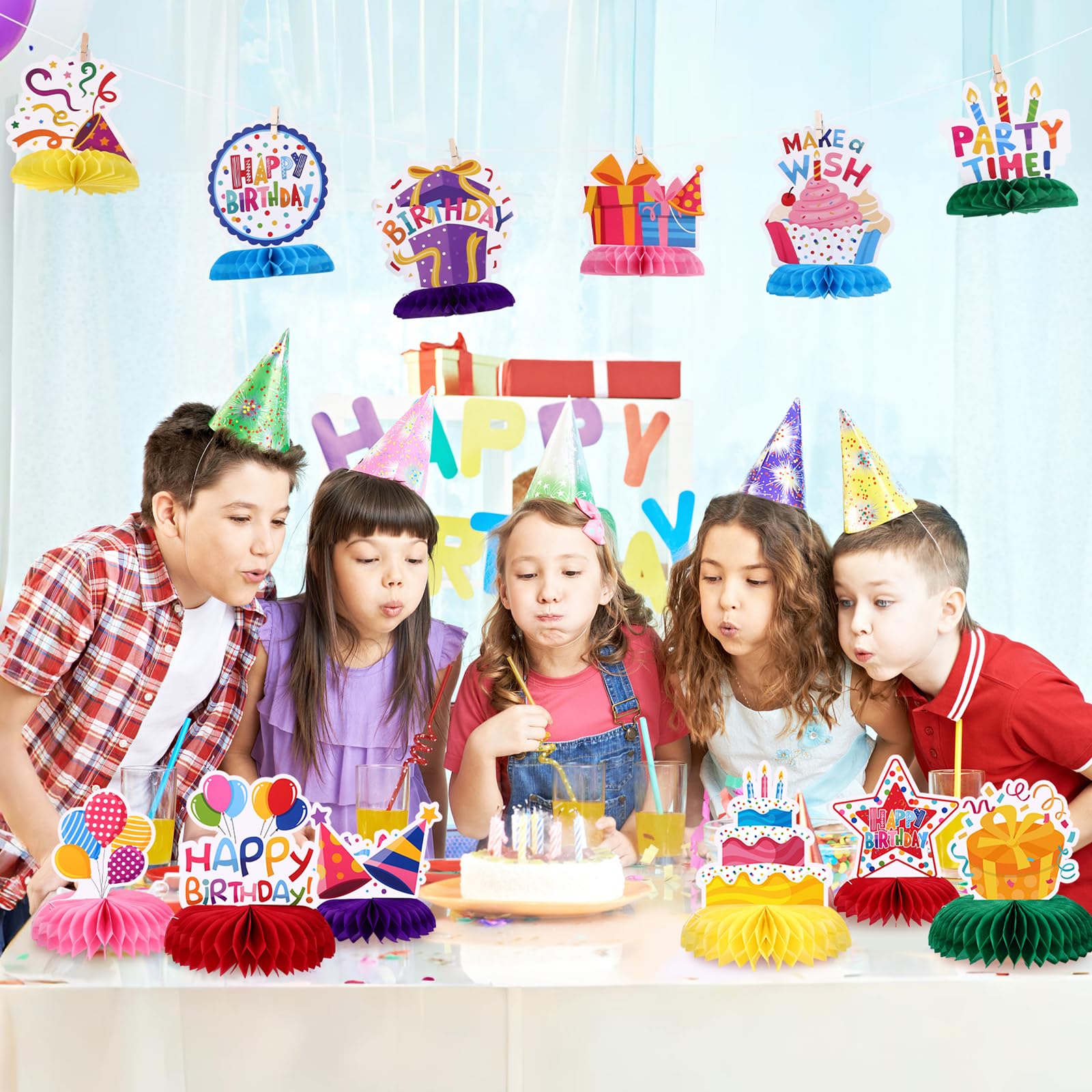 NatNarr 12 Pieces Birthday Table Decorations - Colorful Honeycomb Centerpieces & Table Toppers for Kids Parties