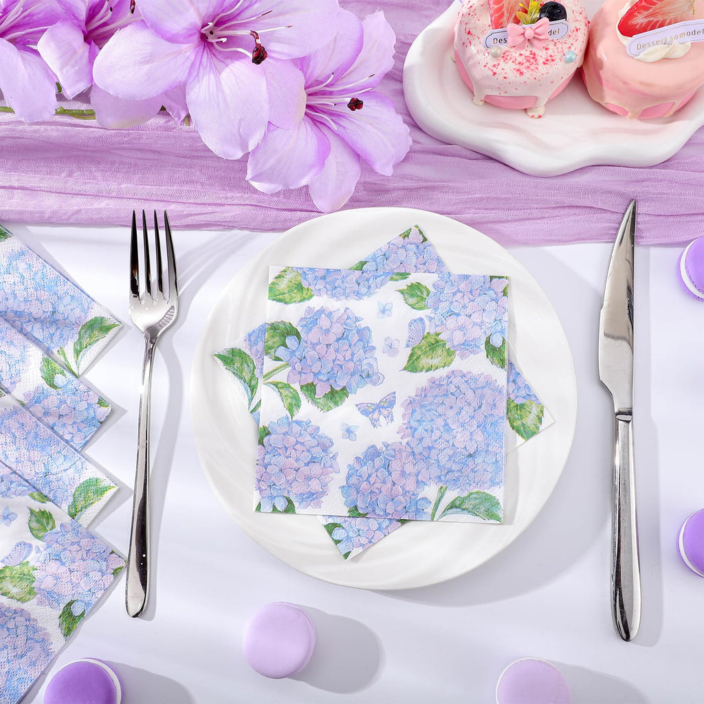 NatNarr Hydrangea Napkins 100 Pcs – Floral Blue and Purple Hydrangea Pattern