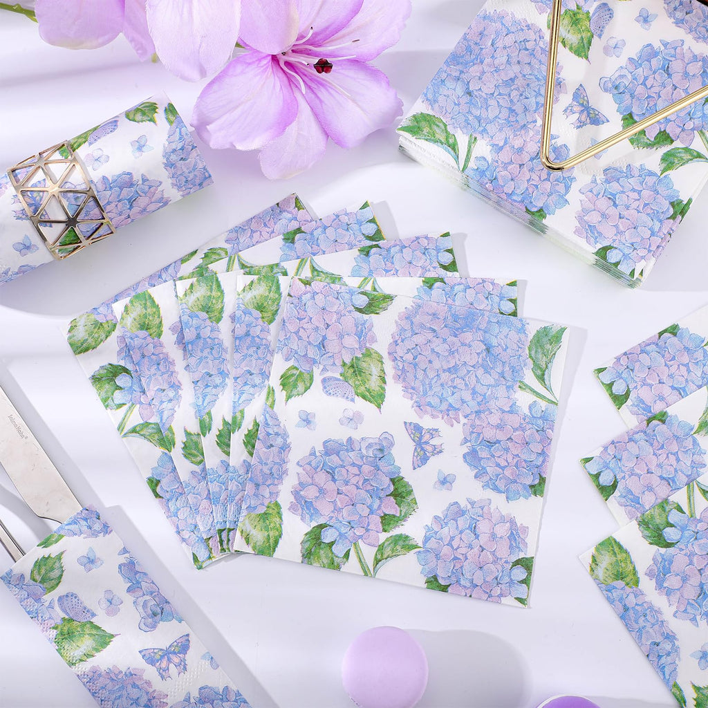 NatNarr Hydrangea Napkins 100 Pcs – Floral Blue and Purple Hydrangea Pattern