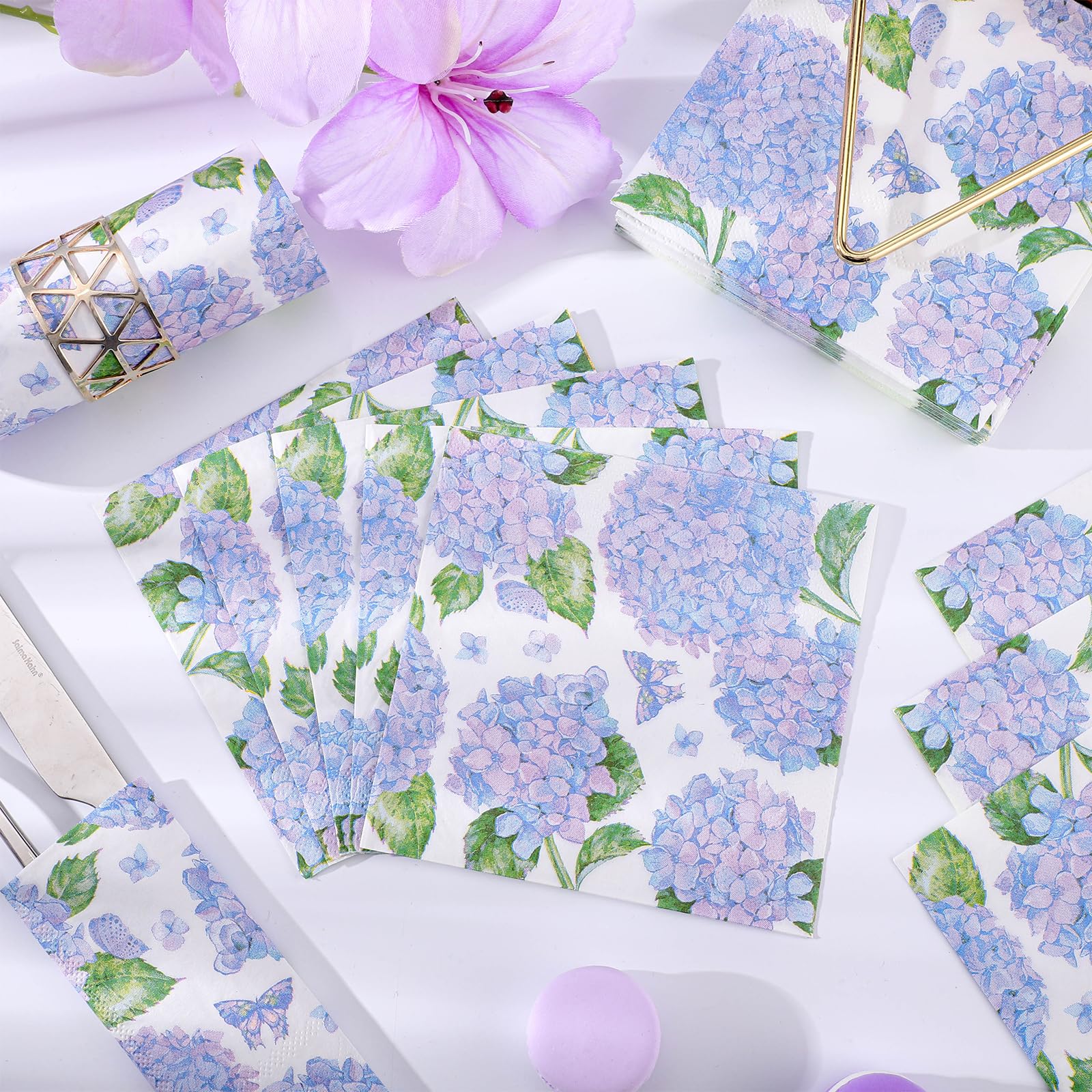 NatNarr Hydrangea Napkins 100 Pcs – Floral Blue and Purple Hydrangea Pattern