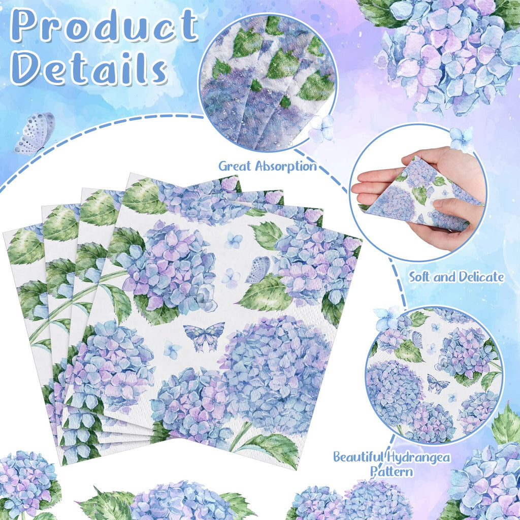 NatNarr Hydrangea Napkins 100 Pcs – Floral Blue and Purple Hydrangea Pattern