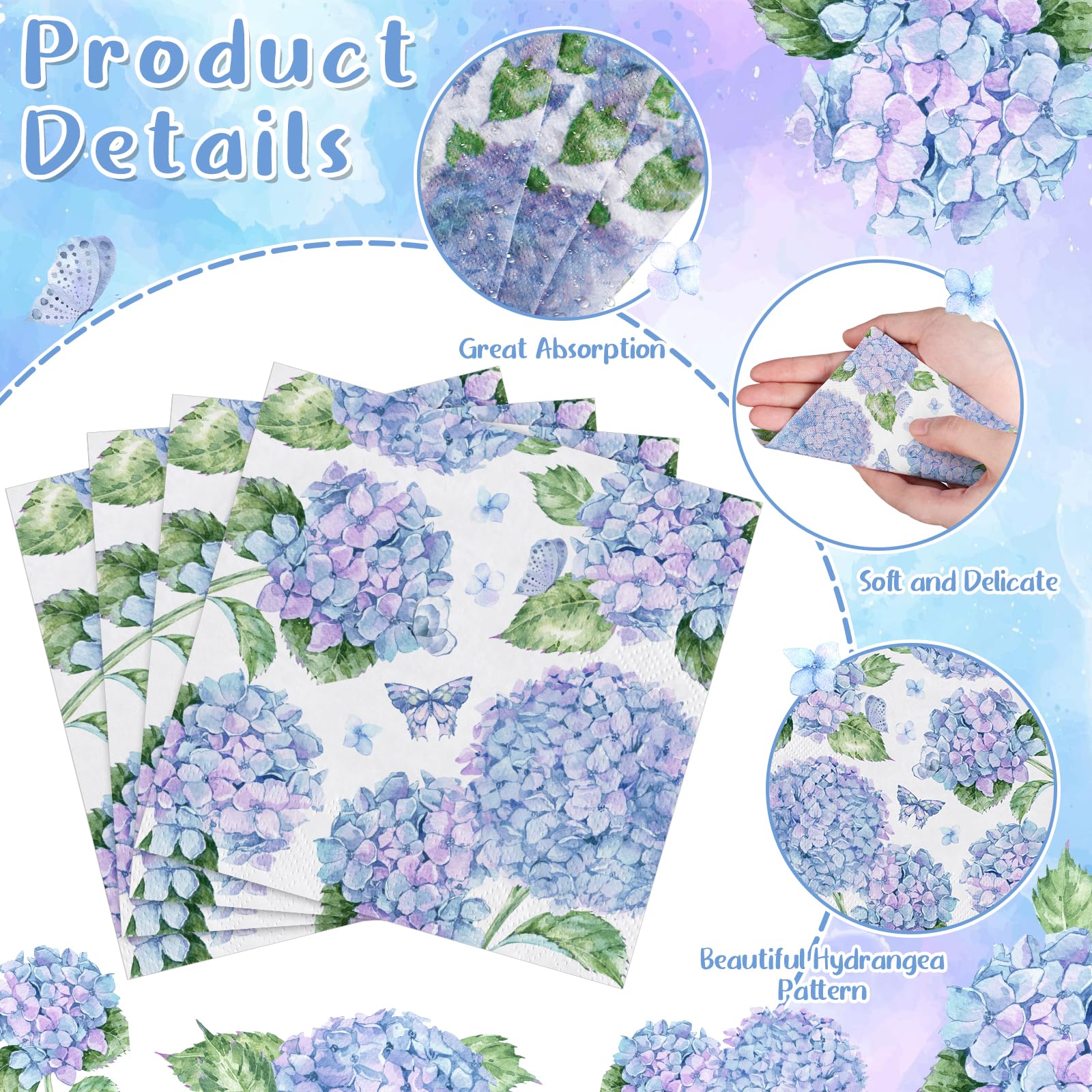NatNarr Hydrangea Napkins 100 Pcs – Floral Blue and Purple Hydrangea Pattern
