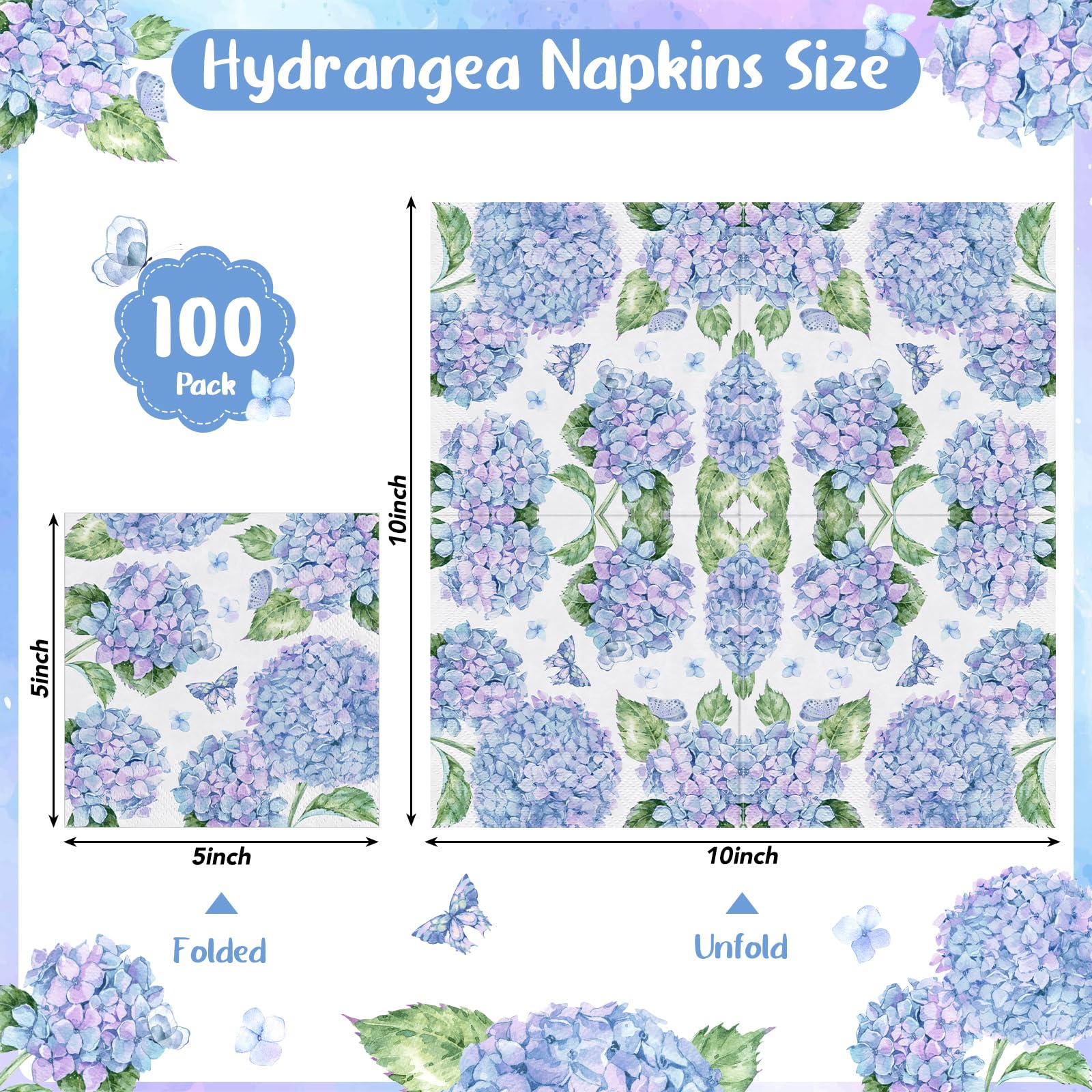 NatNarr Hydrangea Napkins 100 Pcs – Floral Blue and Purple Hydrangea Pattern