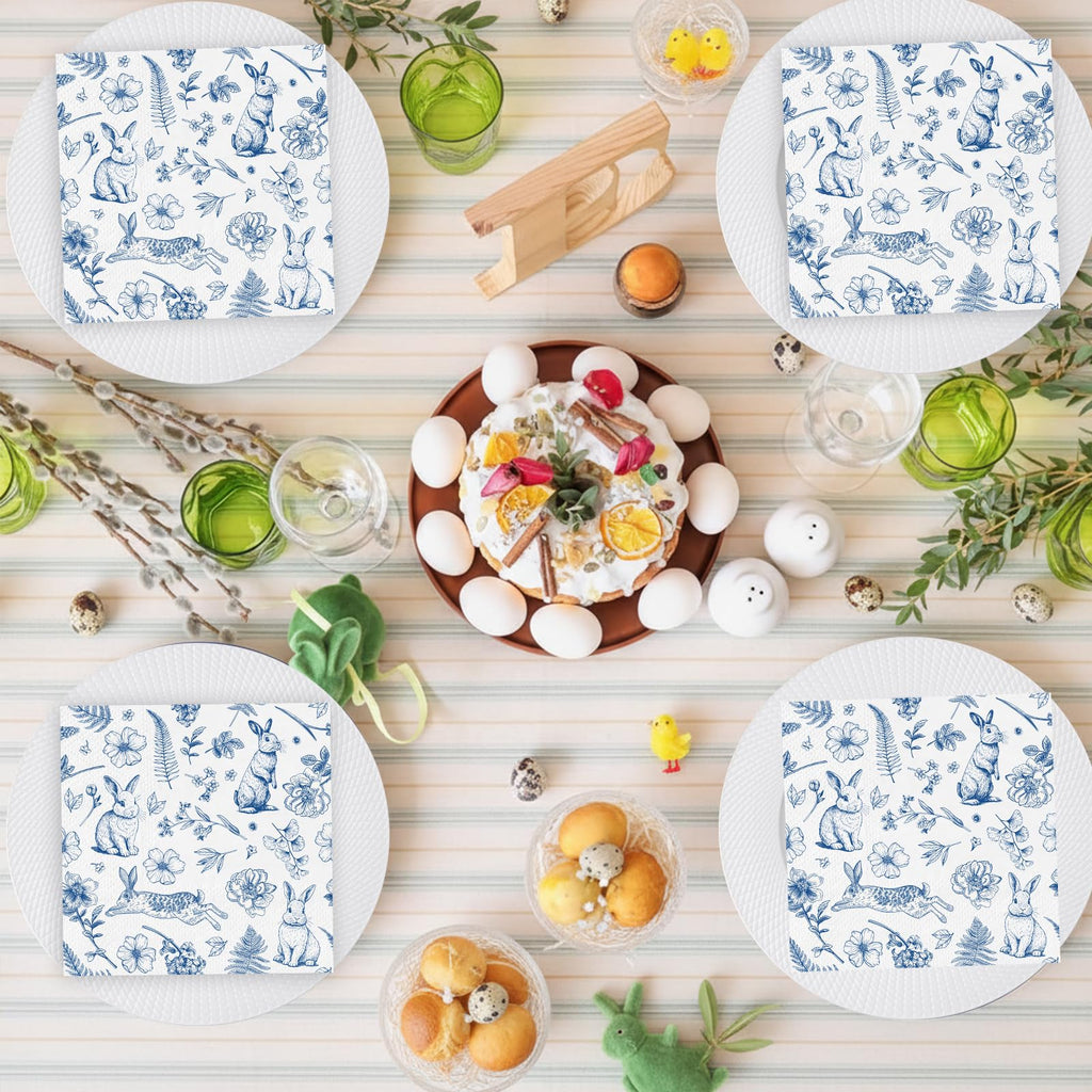 NatNarr 100 Pcs Easter Napkins – Blue Bunny Chinoiserie, Folded 5x5in