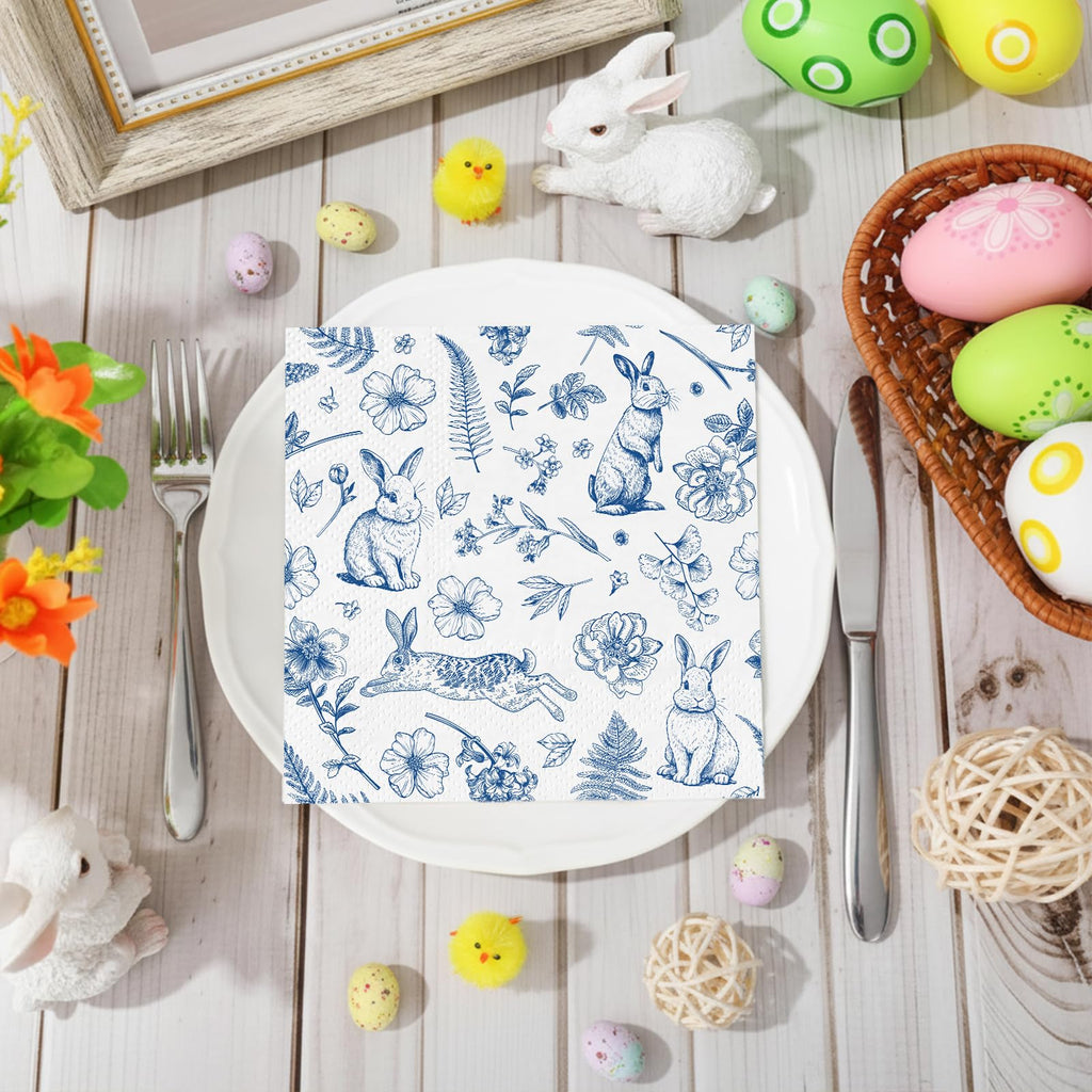 NatNarr 100 Pcs Easter Napkins – Blue Bunny Chinoiserie, Folded 5x5in