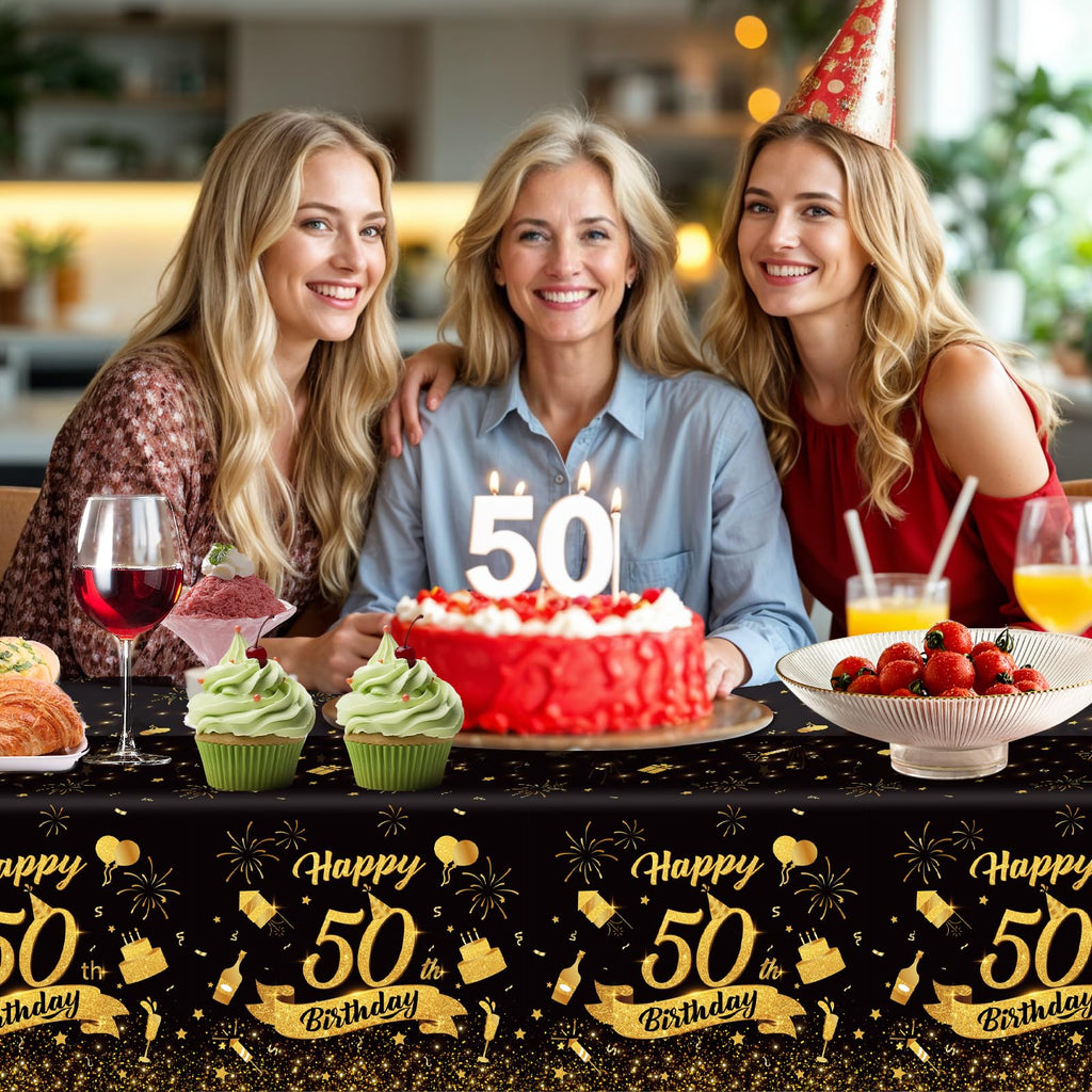 NatNarr 3 Pack 54x108 Inch Black Gold Disposable Tablecloths – Waterproof Rectangle Cover for 50th Birthday Parties