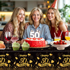 NatNarr 3 Pack 54x108 Inch Black Gold Disposable Tablecloths – Waterproof Rectangle Cover for 50th Birthday Parties