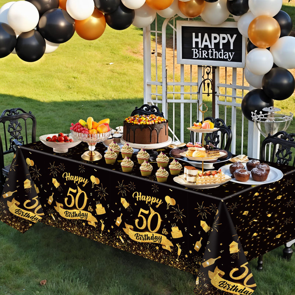 NatNarr 3 Pack 54x108 Inch Black Gold Disposable Tablecloths – Waterproof Rectangle Cover for 50th Birthday Parties