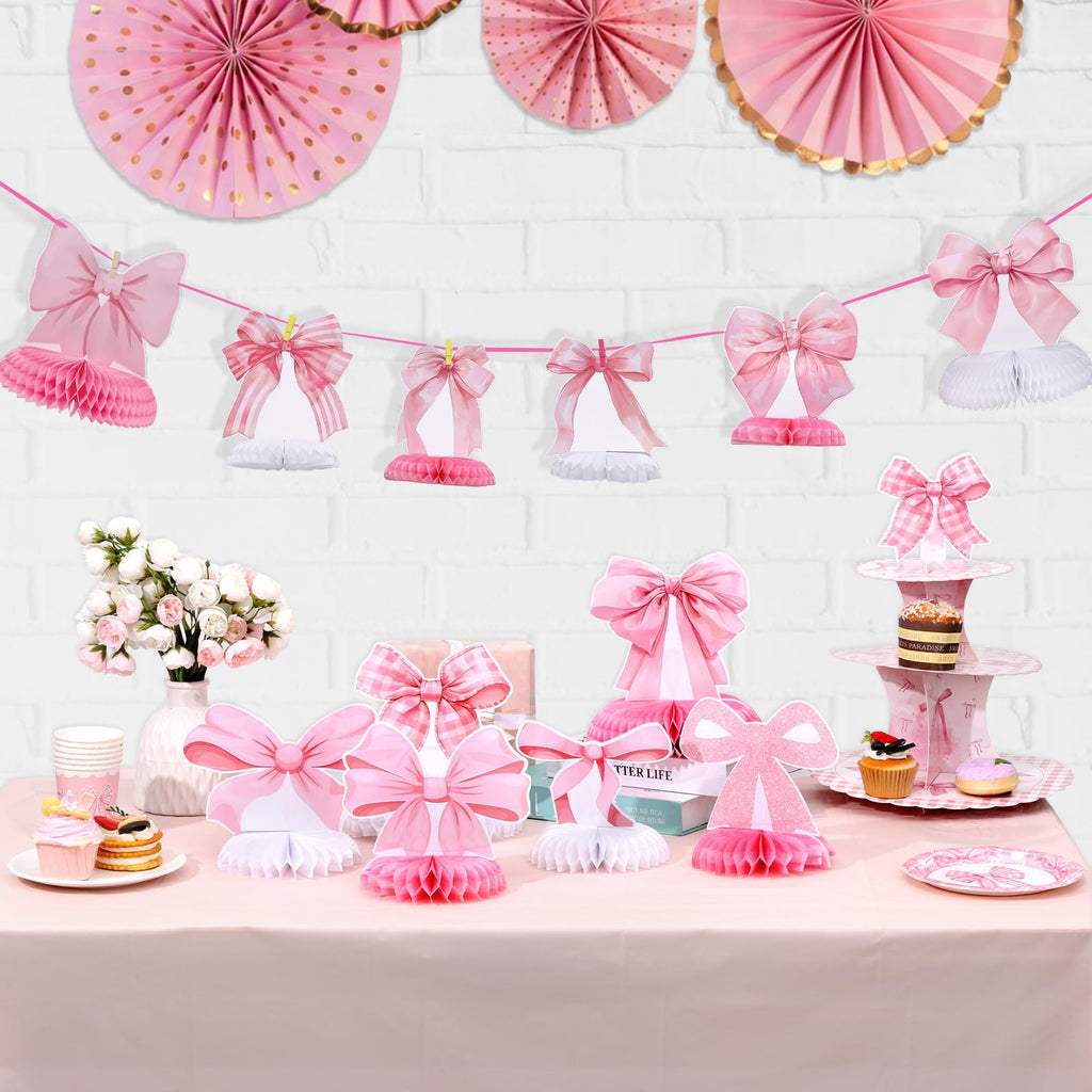 NatNarr 12 Pcs Pink Bow Honeycomb Centerpieces – Coquette Theme Party Decorations