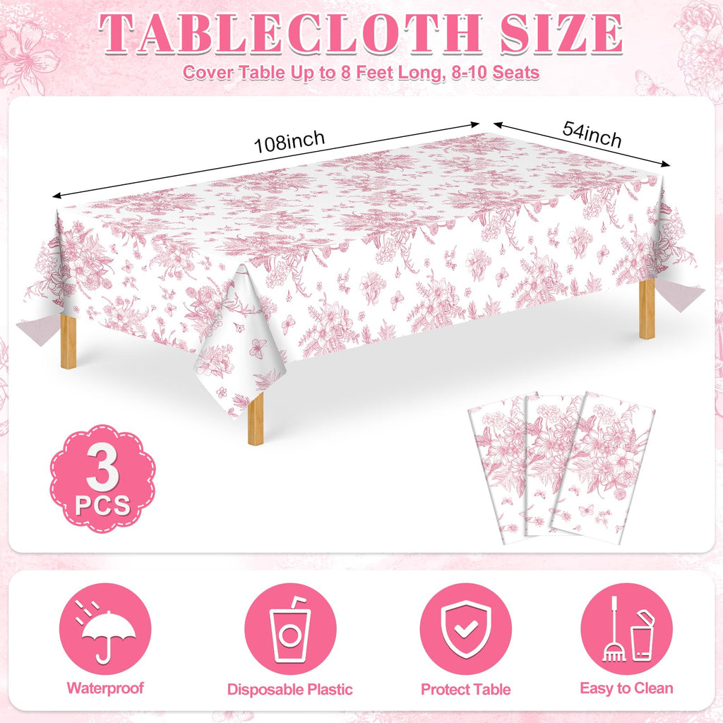 NatNarr 3 Pack Pink Floral Tablecloths – 54x108 in Disposable Vintage Table Cover