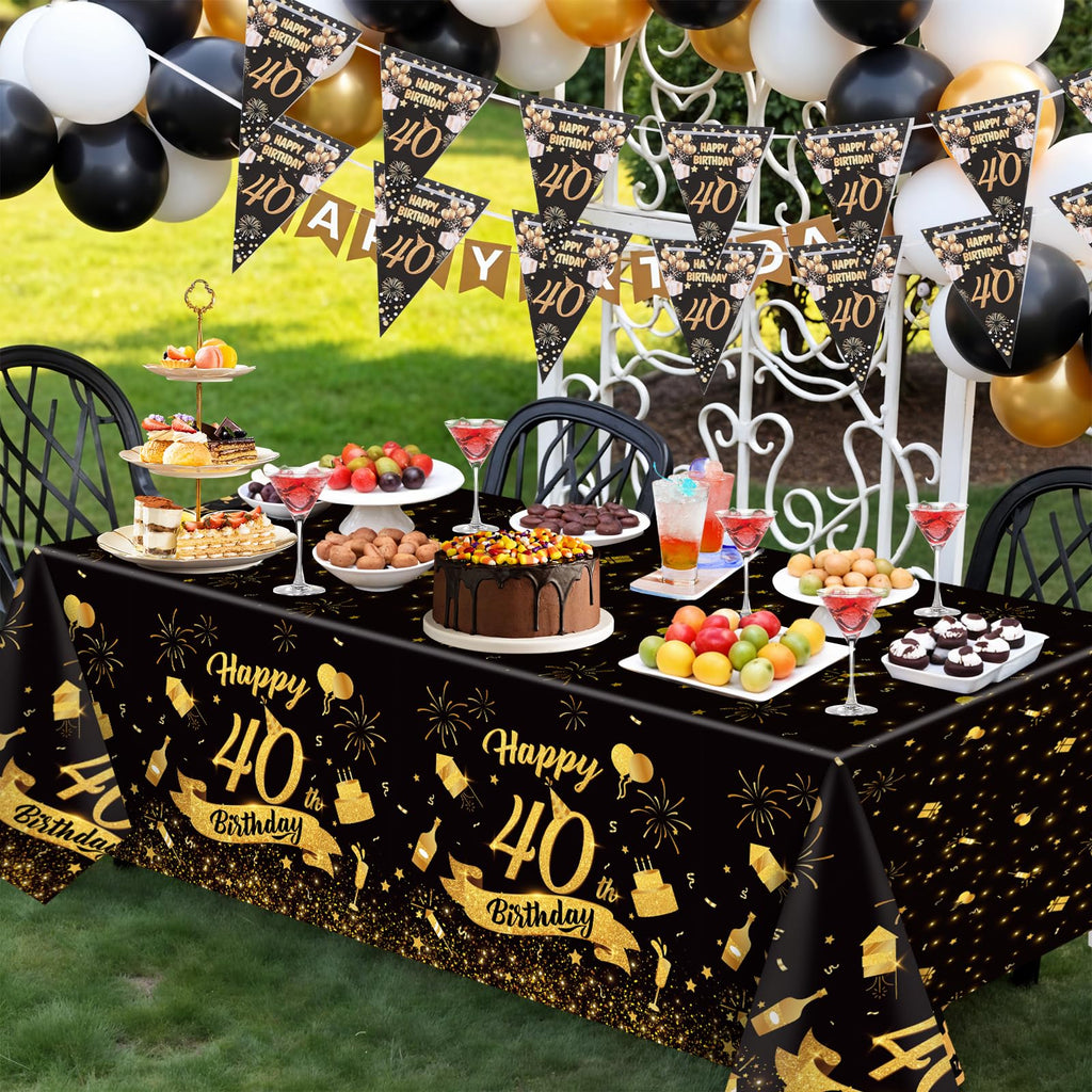 NatNarr 3 Pack 40th Birthday Tablecloth – 54x108 in Black Gold Disposable Rectangular Cover