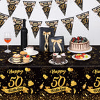 NatNarr 3 Pack 54x108 Inch Black Gold Disposable Tablecloths – Waterproof Rectangle Cover for 50th Birthday Parties