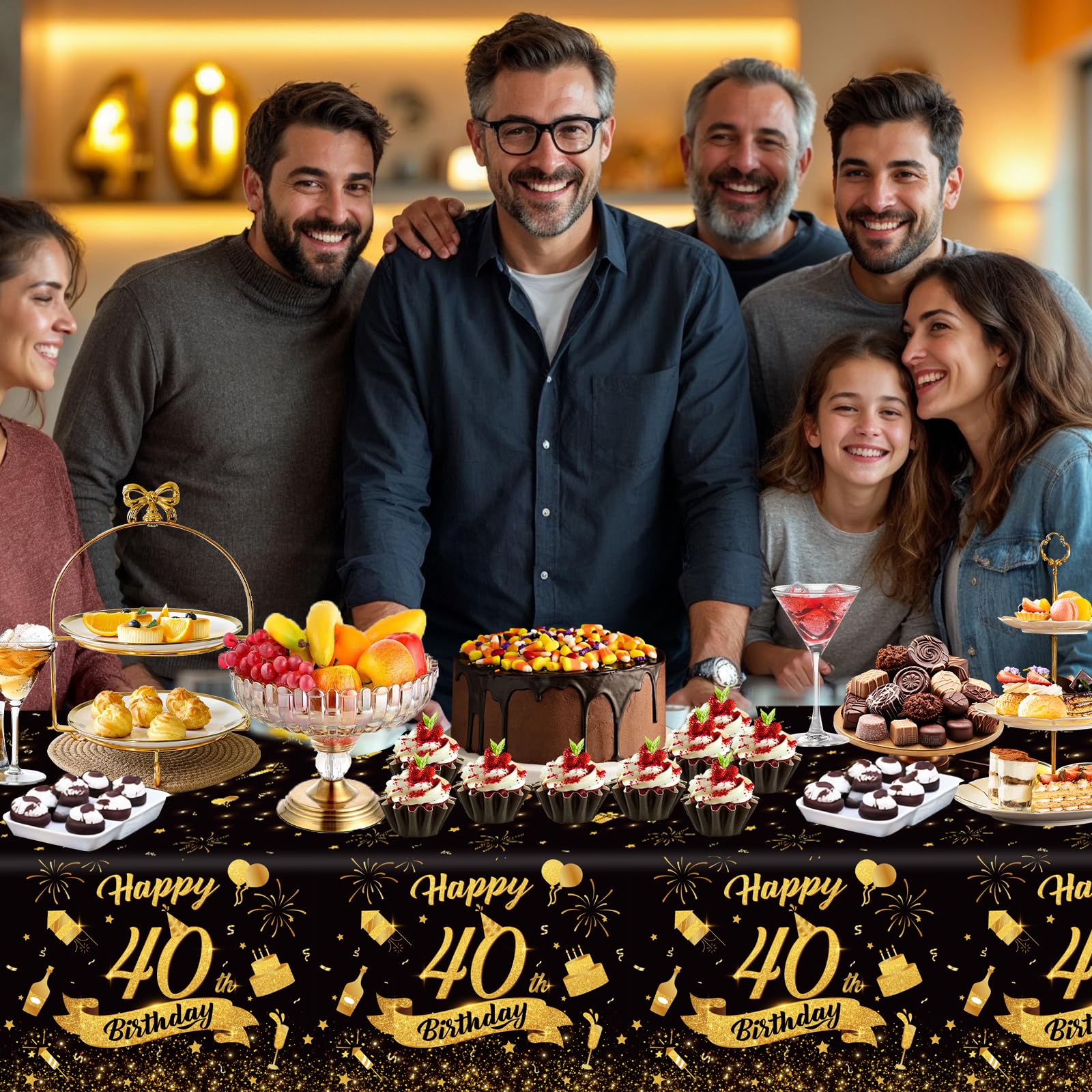 NatNarr 3 Pack 40th Birthday Tablecloth – 54x108 in Black Gold Disposable Rectangular Cover