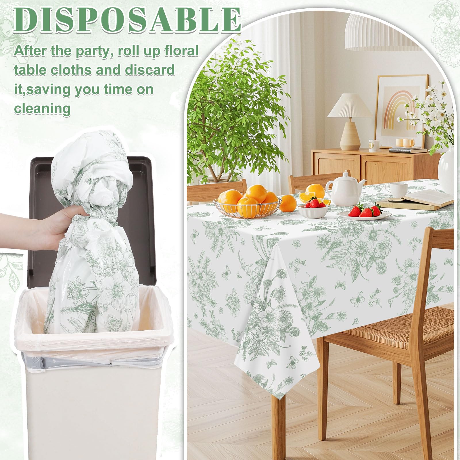 NatNarr 3er-Pack Salbeigrüne Florale Kunststofftischdecken – 54 x 108 Zoll, Einweg-Vintage-Gartenparty-Deko