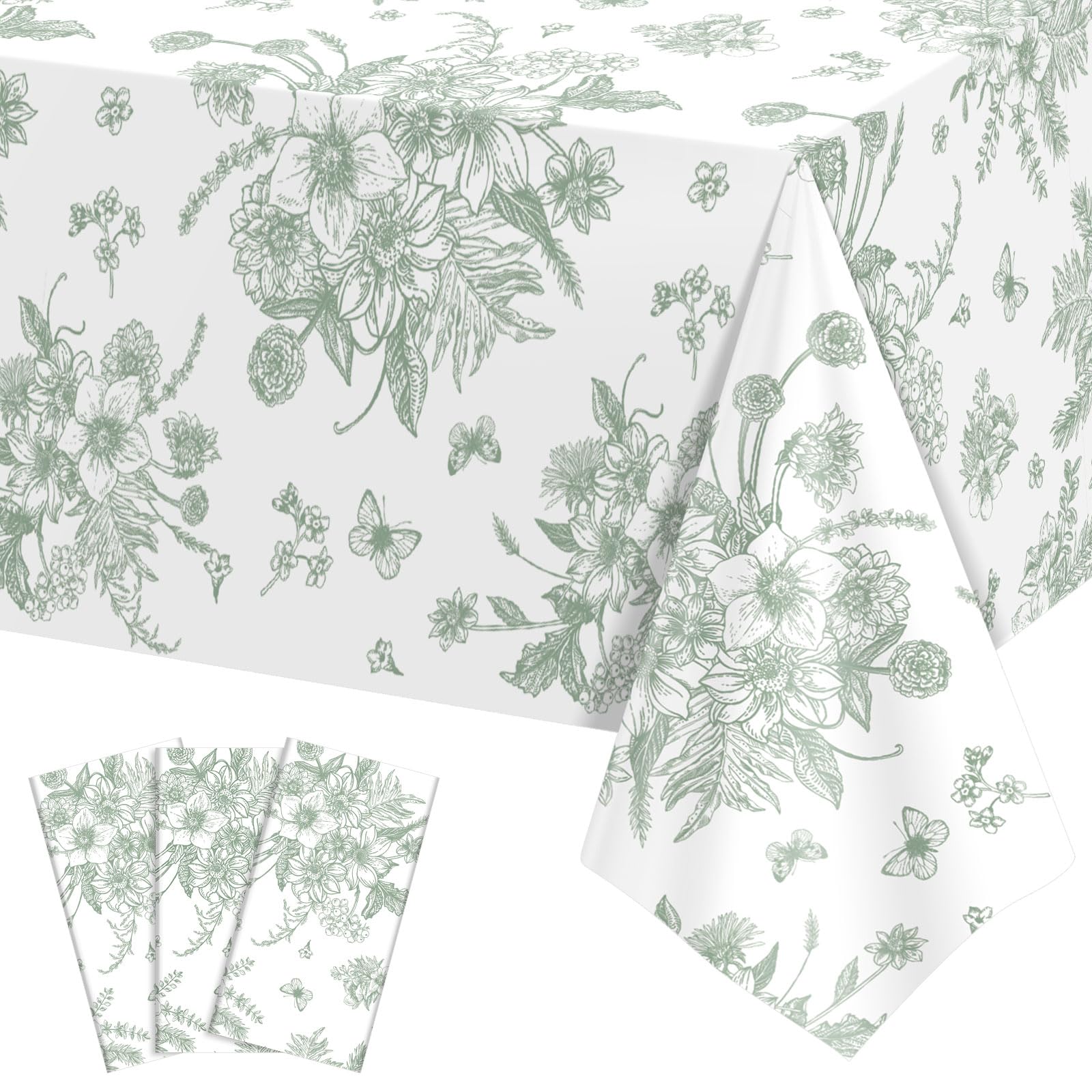 NatNarr 3er-Pack Salbeigrüne Florale Kunststofftischdecken – 54 x 108 Zoll, Einweg-Vintage-Gartenparty-Deko