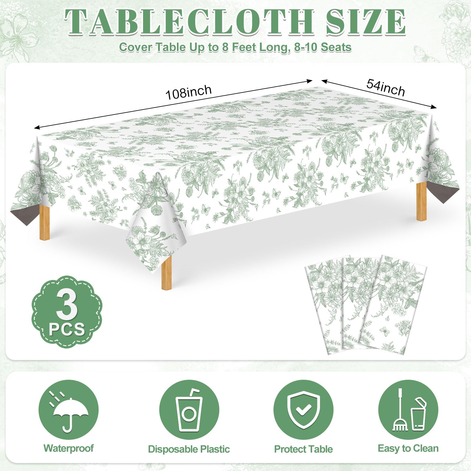 NatNarr 3er-Pack Salbeigrüne Florale Kunststofftischdecken – 54 x 108 Zoll, Einweg-Vintage-Gartenparty-Deko