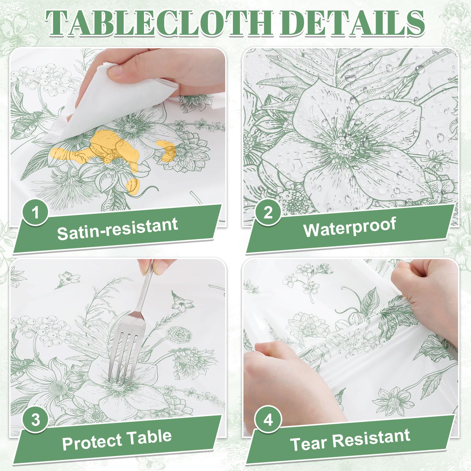 NatNarr 3er-Pack Salbeigrüne Florale Kunststofftischdecken – 54 x 108 Zoll, Einweg-Vintage-Gartenparty-Deko