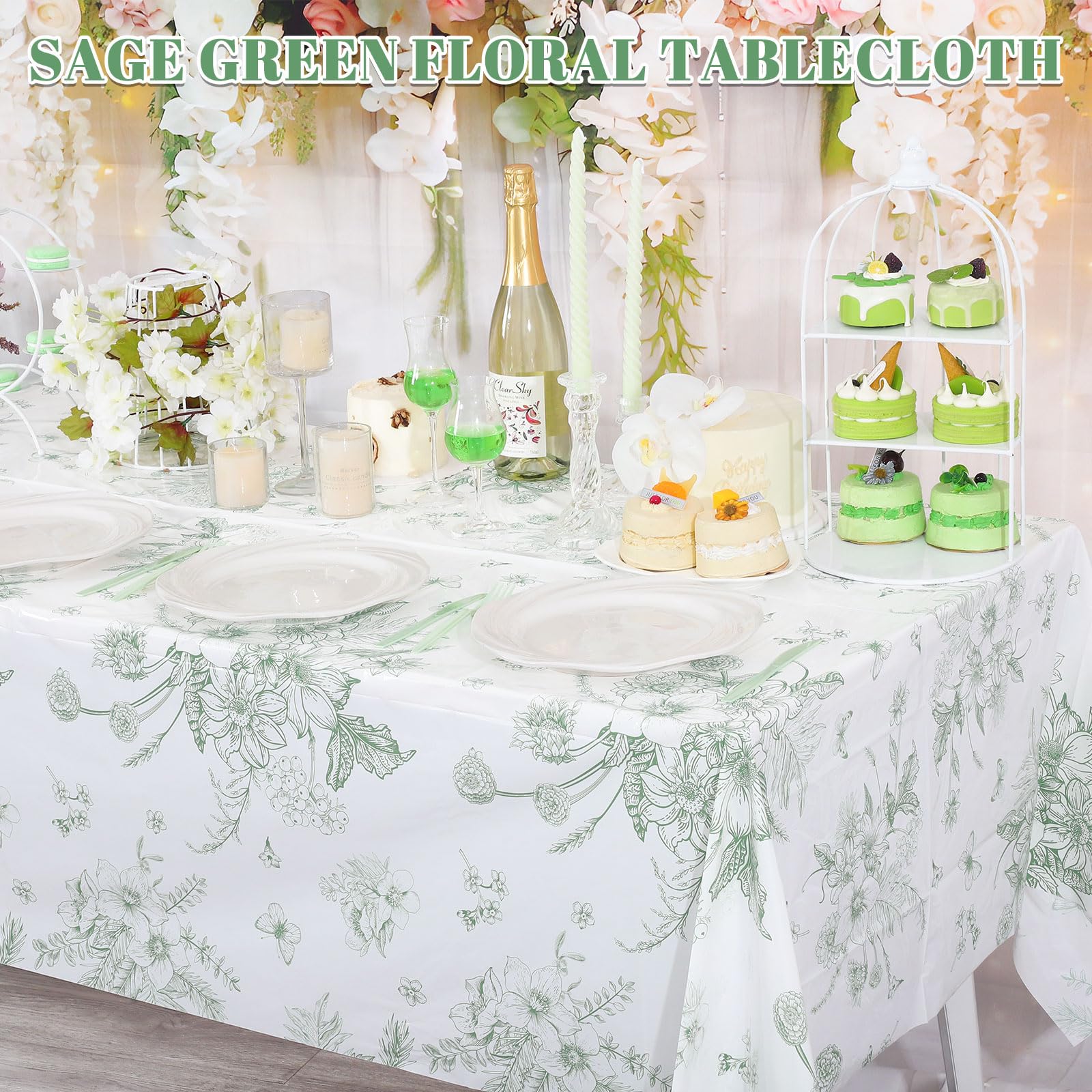 NatNarr 3er-Pack Salbeigrüne Florale Kunststofftischdecken – 54 x 108 Zoll, Einweg-Vintage-Gartenparty-Deko