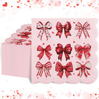 NatNarr 100 Pcs Valentines Napkins — Scalloped Pink & Red Bow Cocktail Napkins for Weddings & Parties