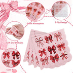 NatNarr 100 Pcs Valentines Napkins — Scalloped Pink & Red Bow Cocktail Napkins for Weddings & Parties
