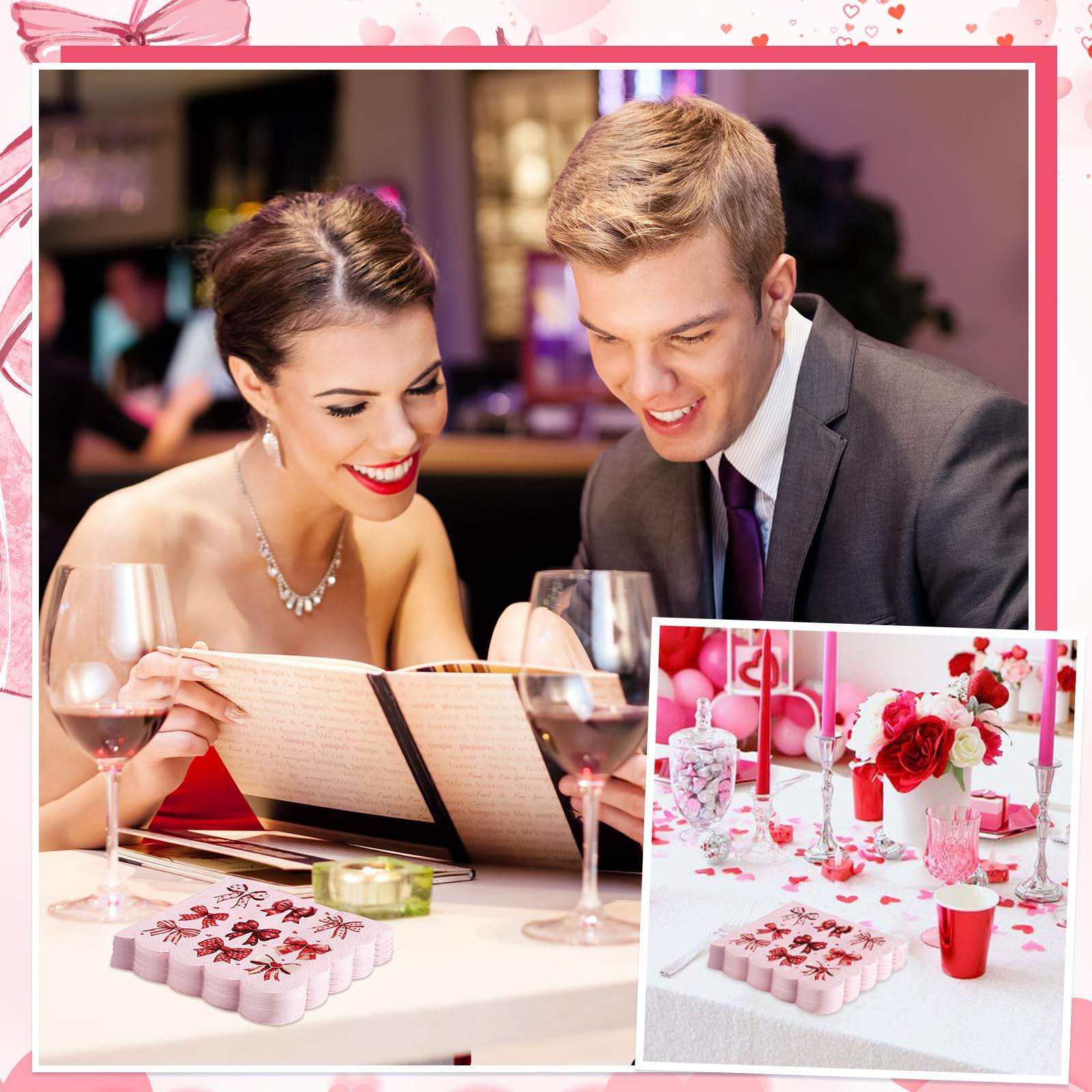 NatNarr 100 Pcs Valentines Napkins — Scalloped Pink & Red Bow Cocktail Napkins for Weddings & Parties